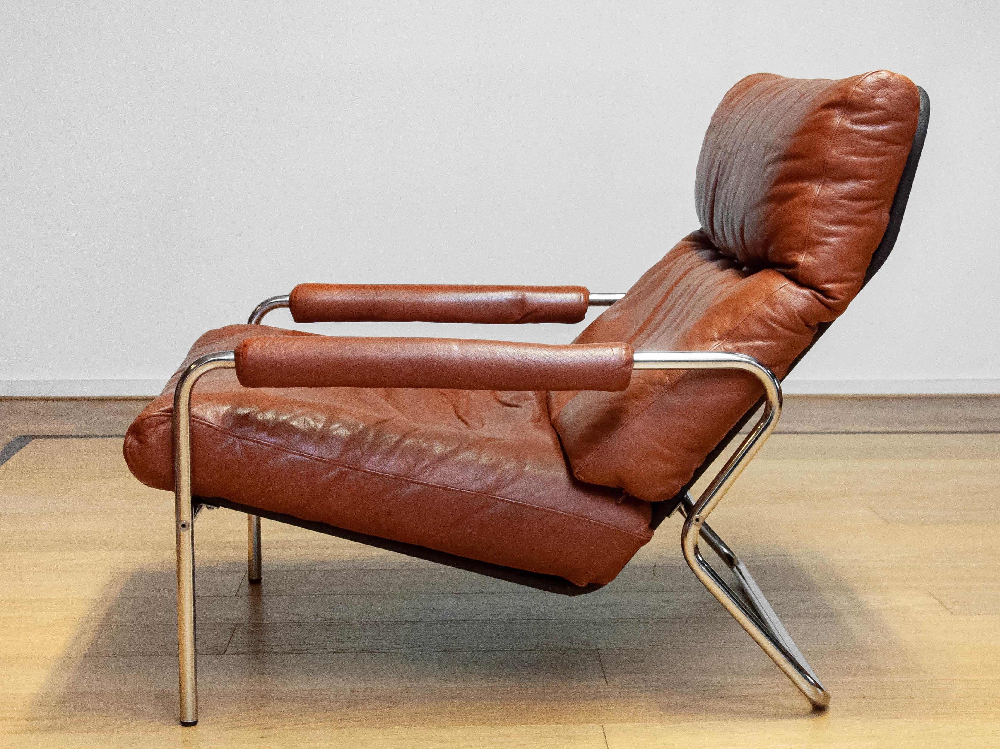 1960s Scandinavian Modern Tubular Chrome And Brown Leather Lounge Chair 4