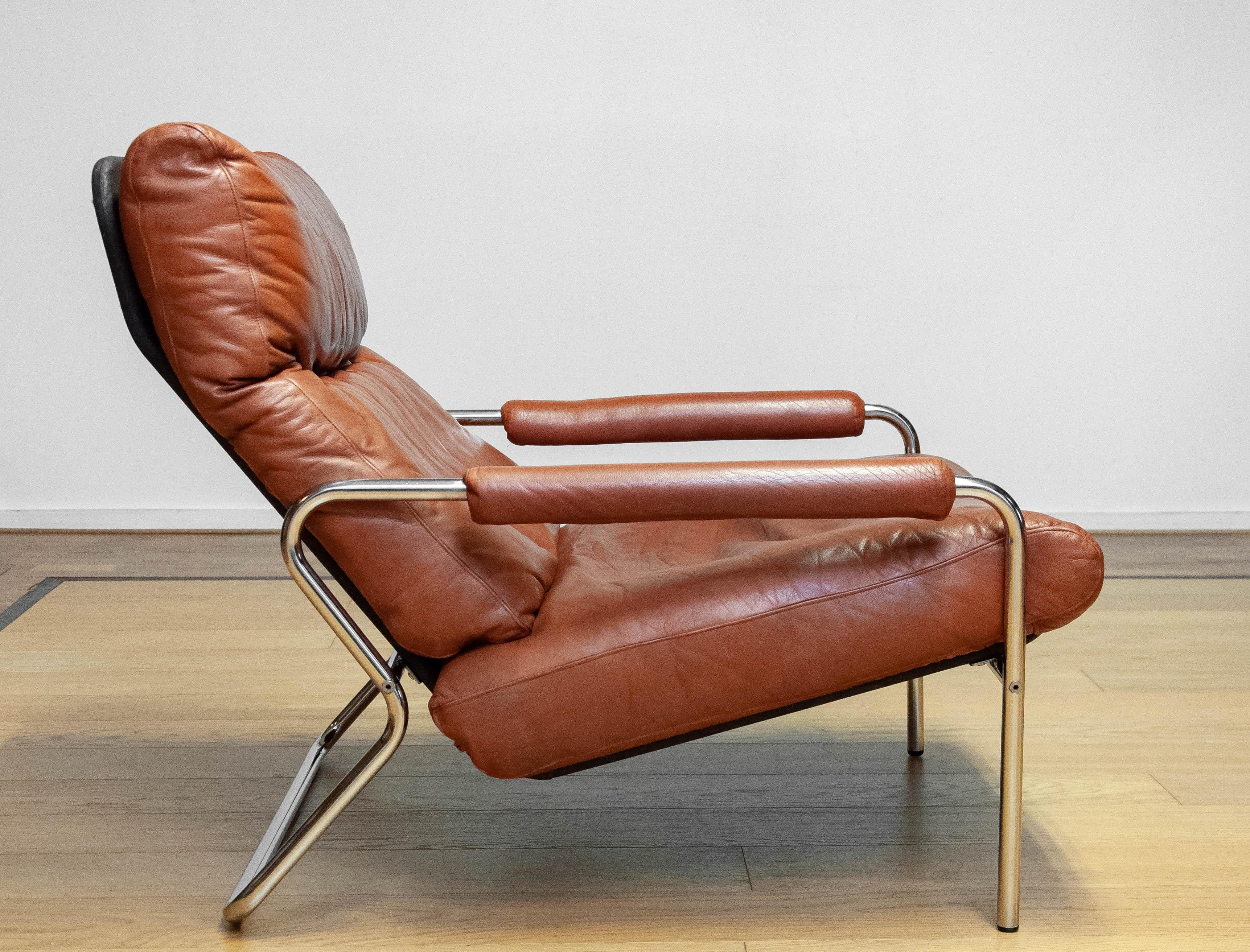 1960s Scandinavian Modern Tubular Chrome And Brown Leather Lounge Chair 5