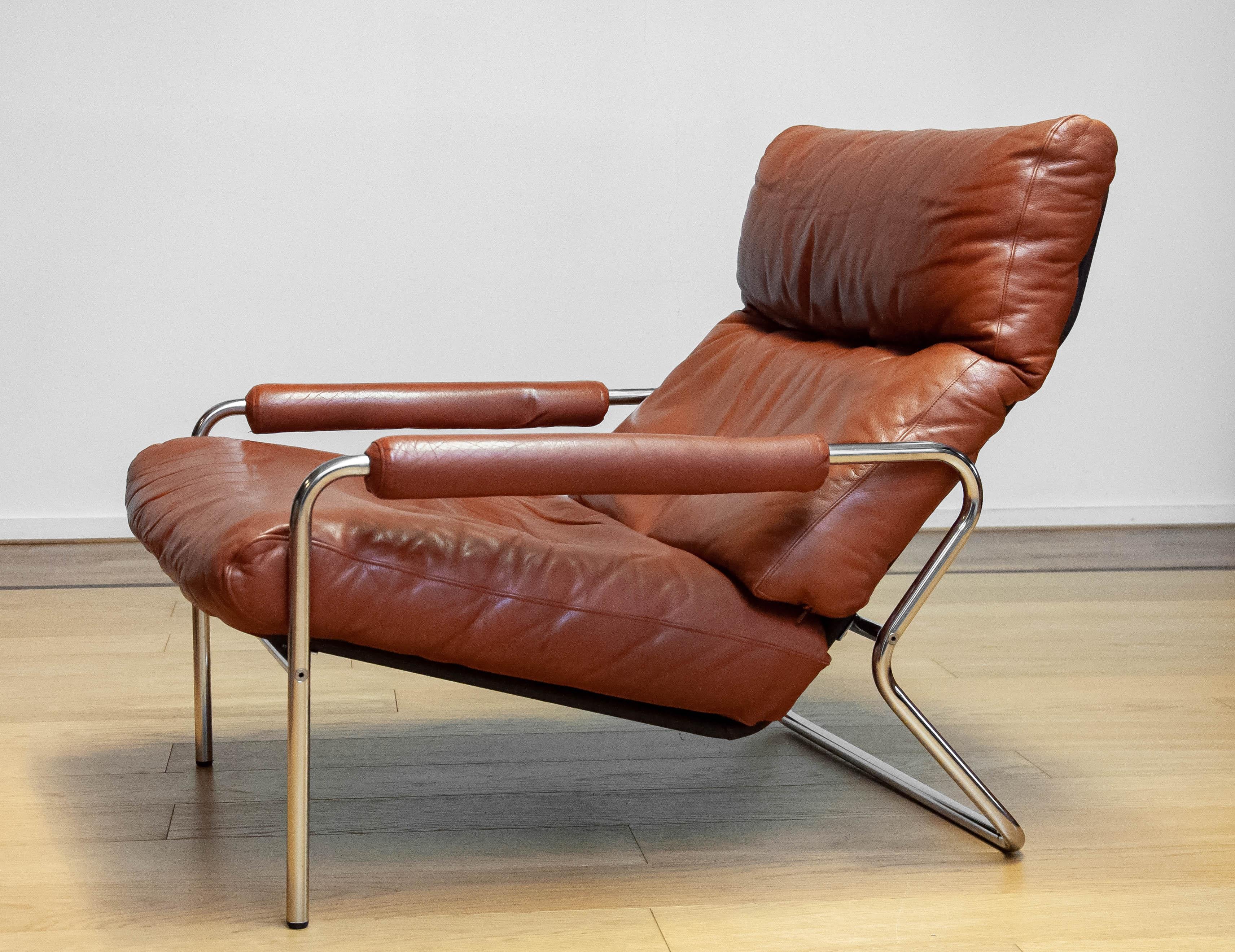Swedish 1960s Scandinavian Modern Tubular Chrome And Brown Leather Lounge Chair