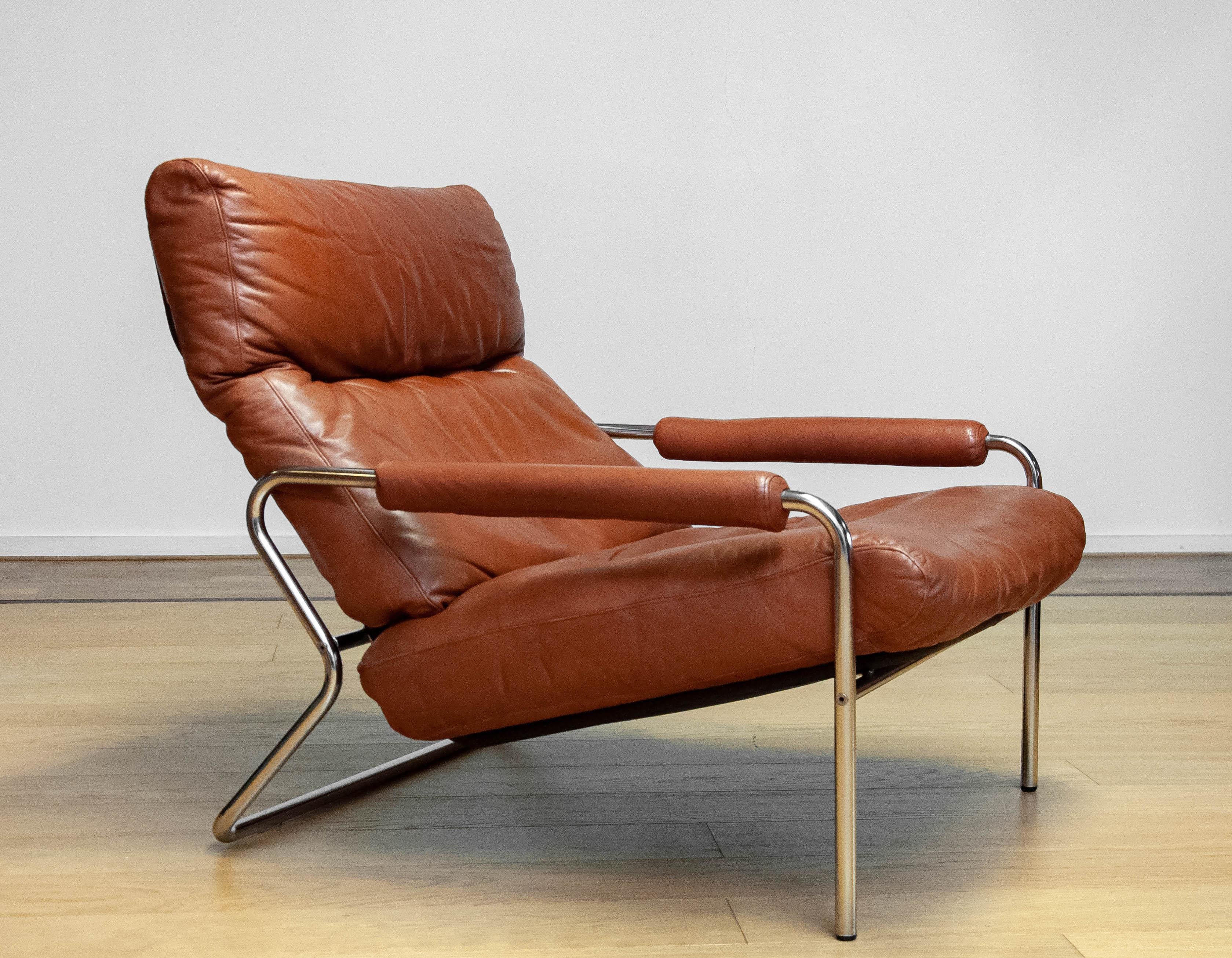 1960s Scandinavian Modern Tubular Chrome And Brown Leather Lounge Chair In Good Condition In Silvolde, Gelderland