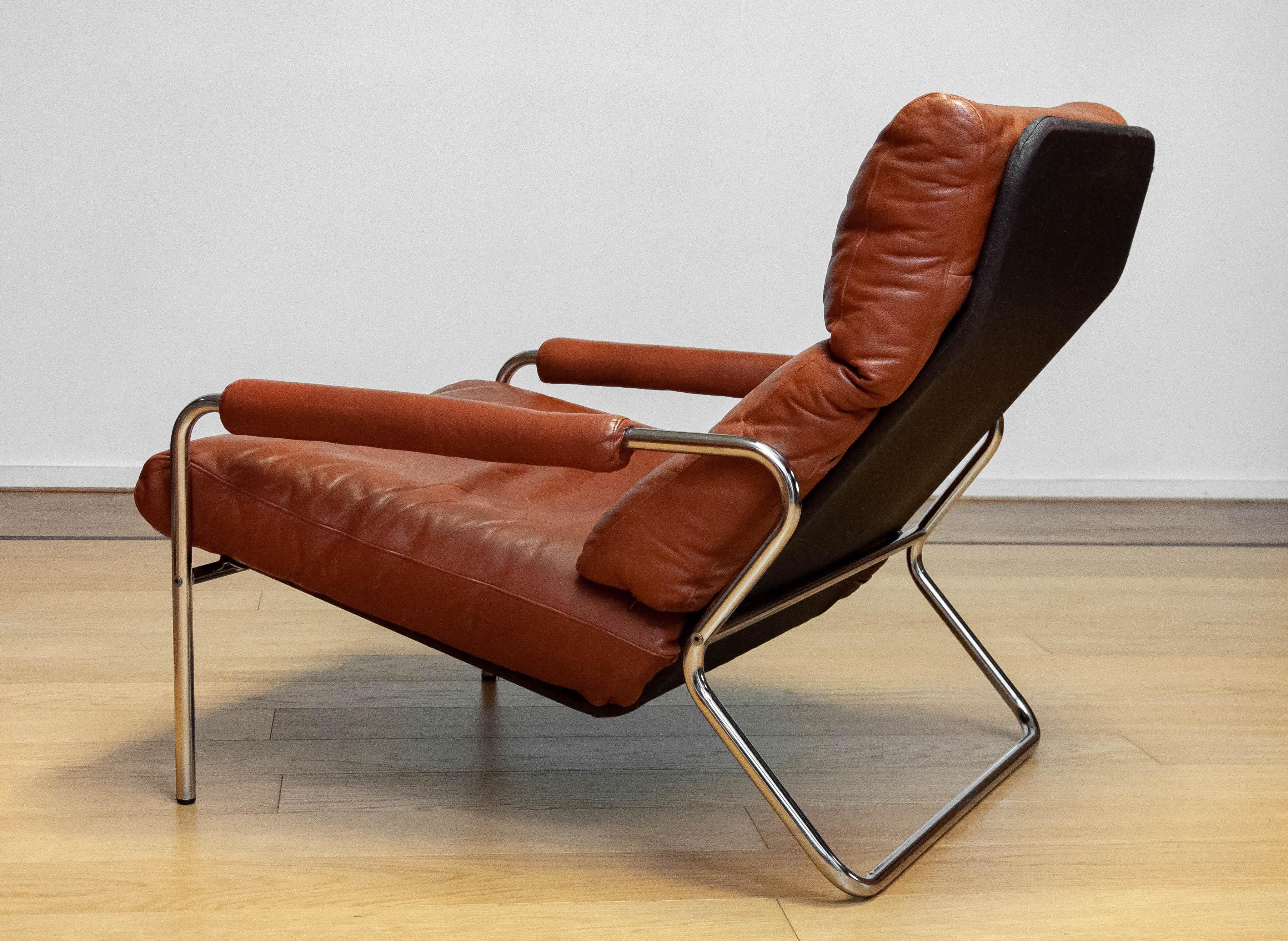 1960s Scandinavian Modern Tubular Chrome And Brown Leather Lounge Chair 2