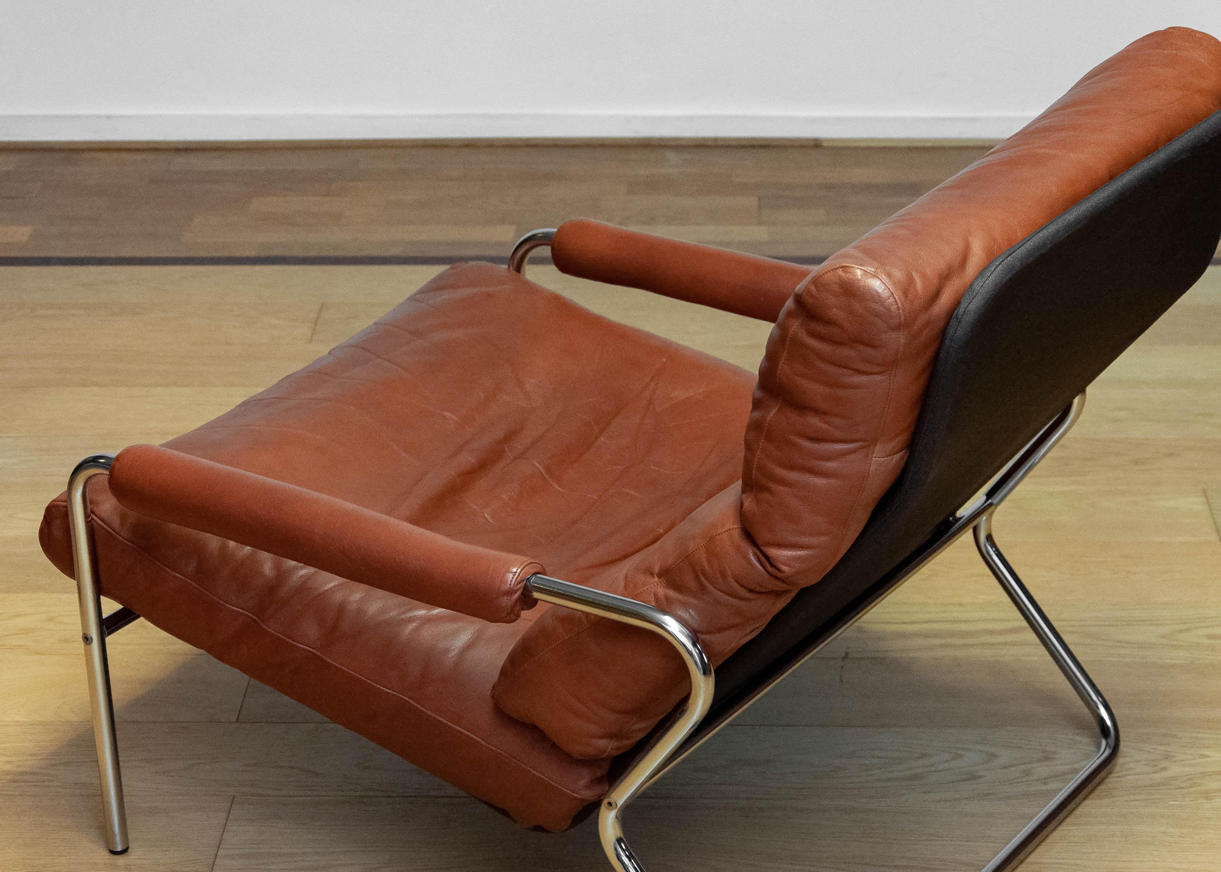 1960s Scandinavian Modern Tubular Chrome And Brown Leather Lounge Chair 3
