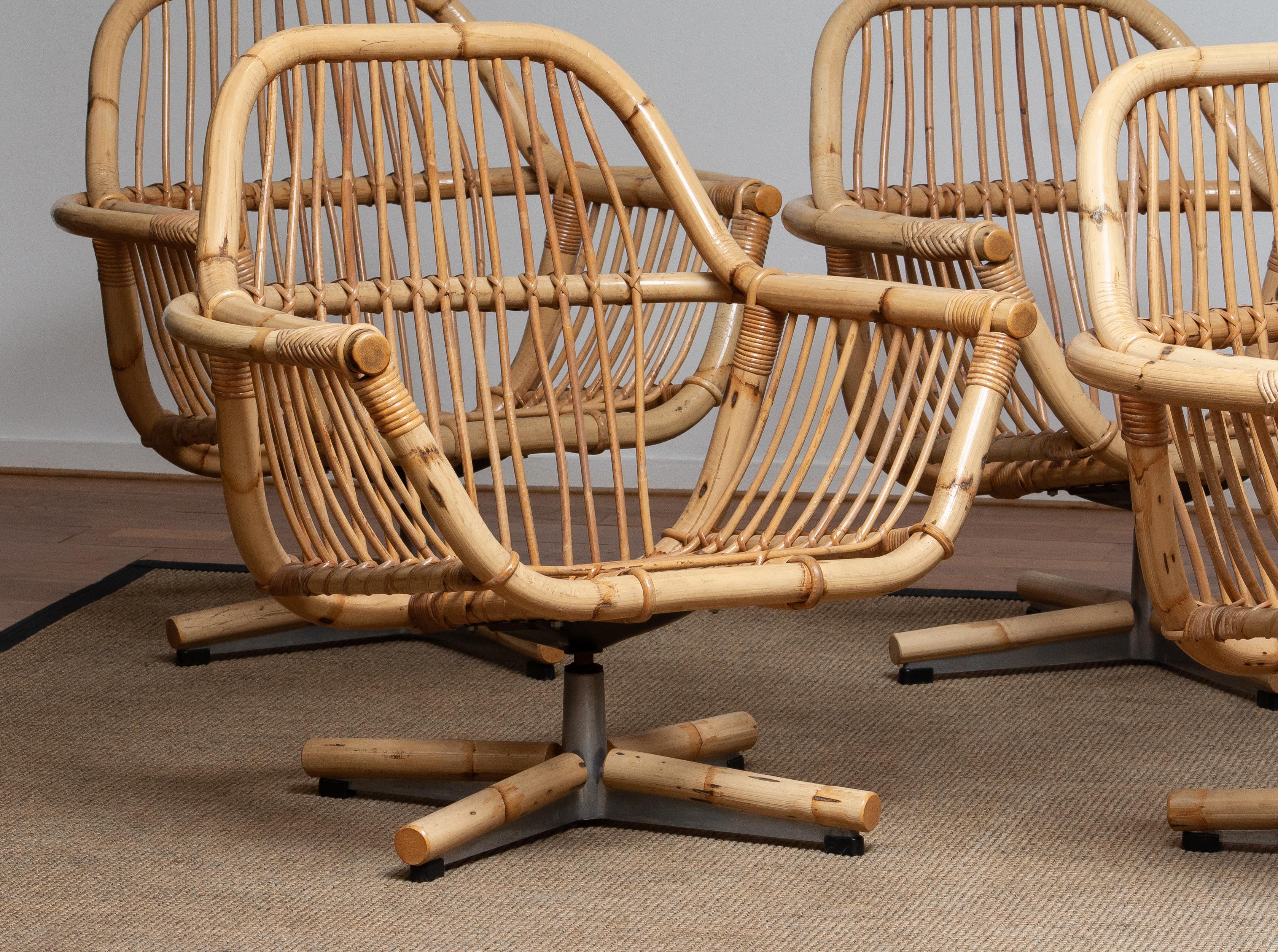 Mid-20th Century 1960s Scandinavian Rattan Garden Set or Lounge Set Consist Five Swivel Chairs