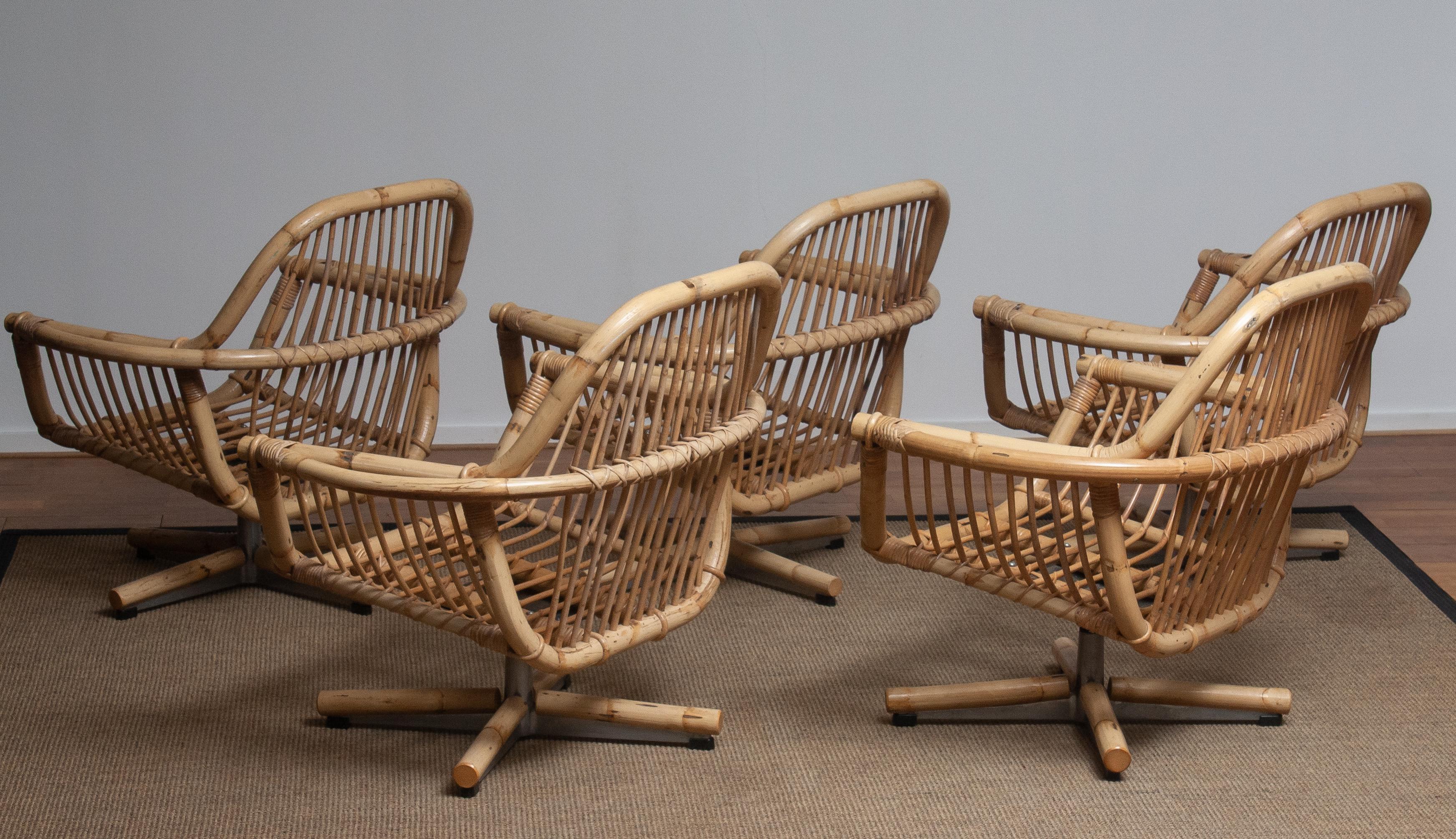 1960s Scandinavian Rattan Garden Set or Lounge Set Consist Five Swivel Chairs 5