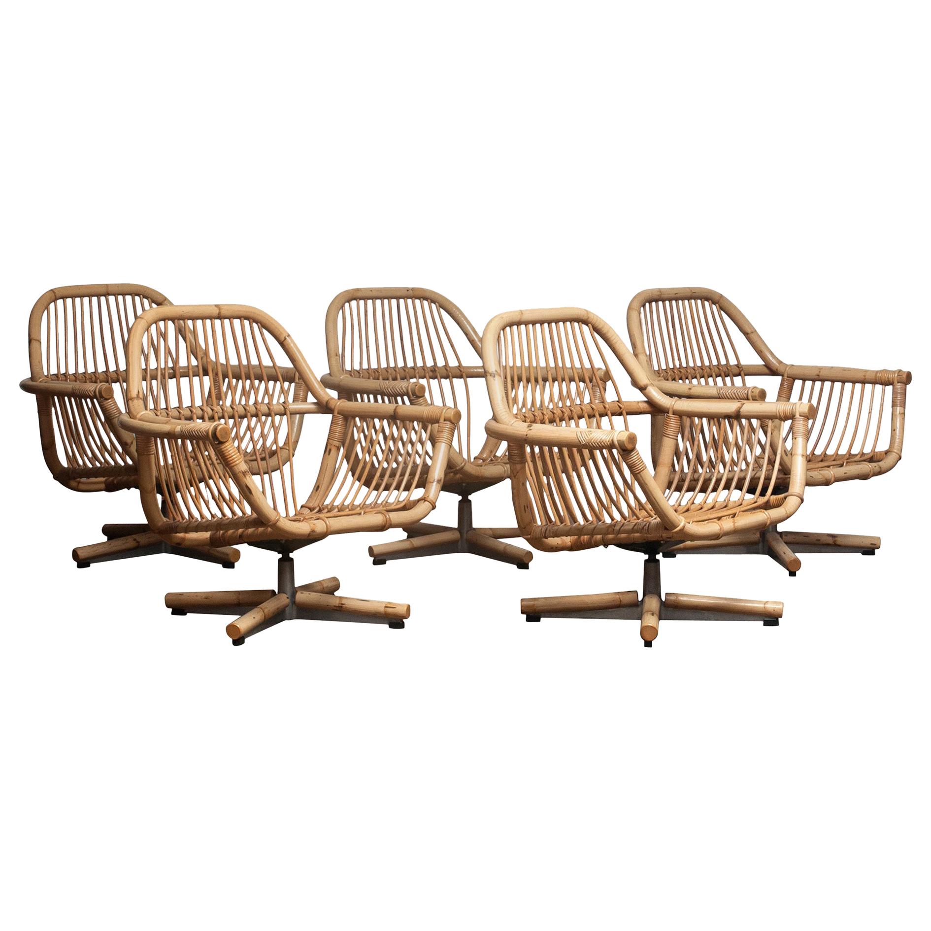 Mid-Century Modern 1960s Scandinavian Rattan Garden Set or Lounge Set Consist Five Swivel Chairs