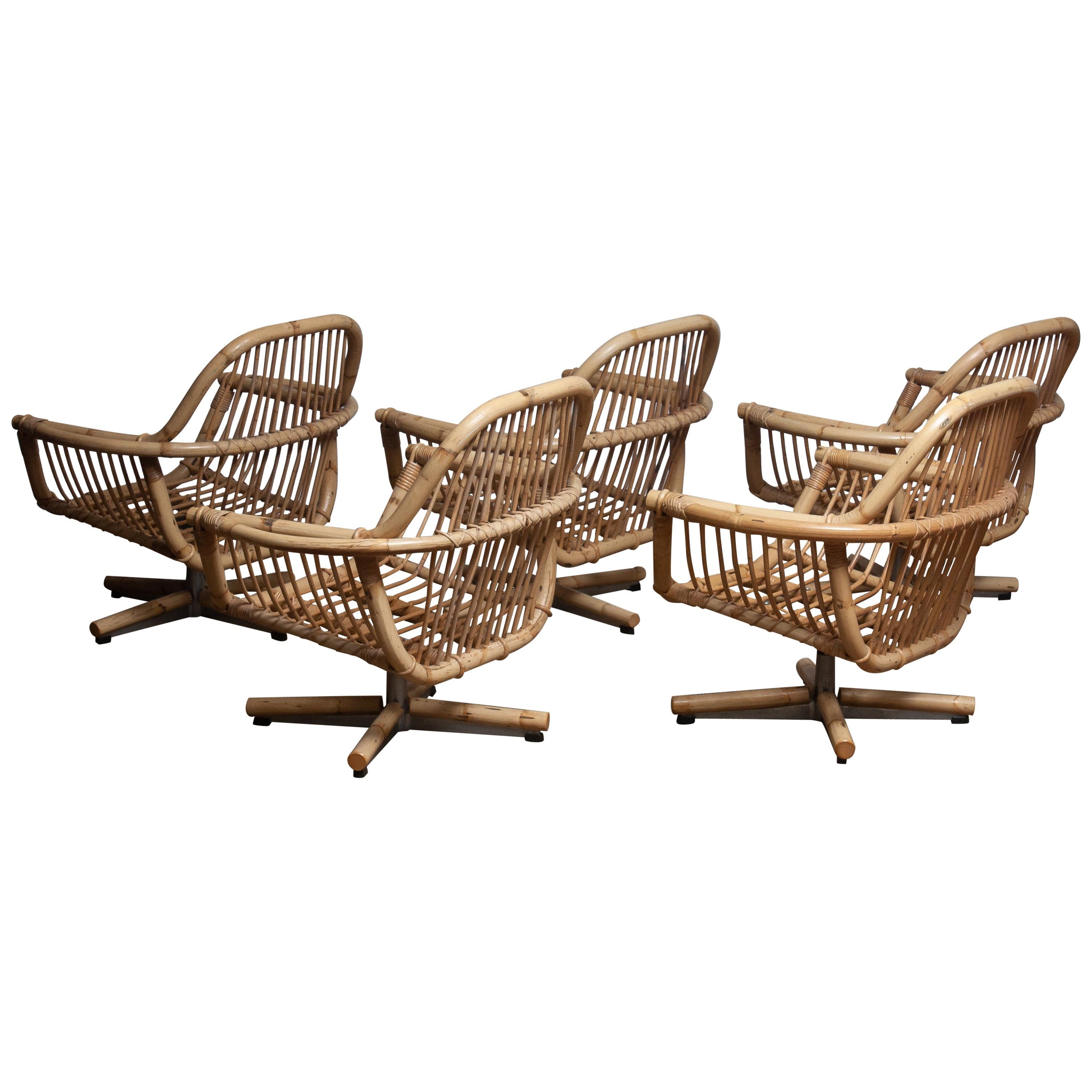 1960s Scandinavian Rattan Garden Set or Lounge Set Consist Five Swivel Chairs In Good Condition In Silvolde, Gelderland