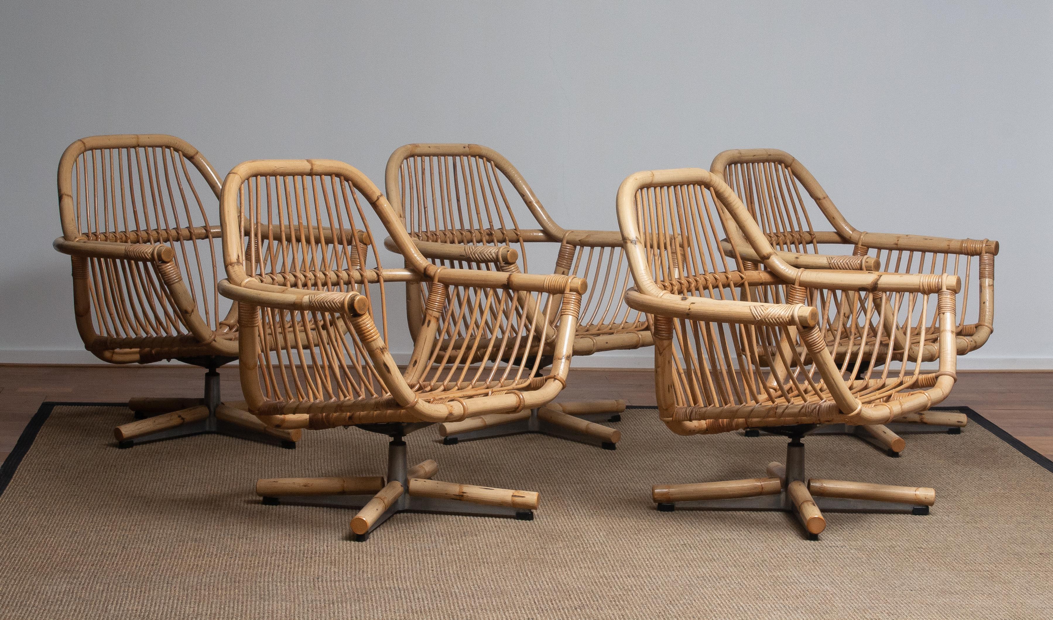 Mid-20th Century 1960s Scandinavian Rattan Garden Set or Lounge Set Consist Five Swivel Chairs