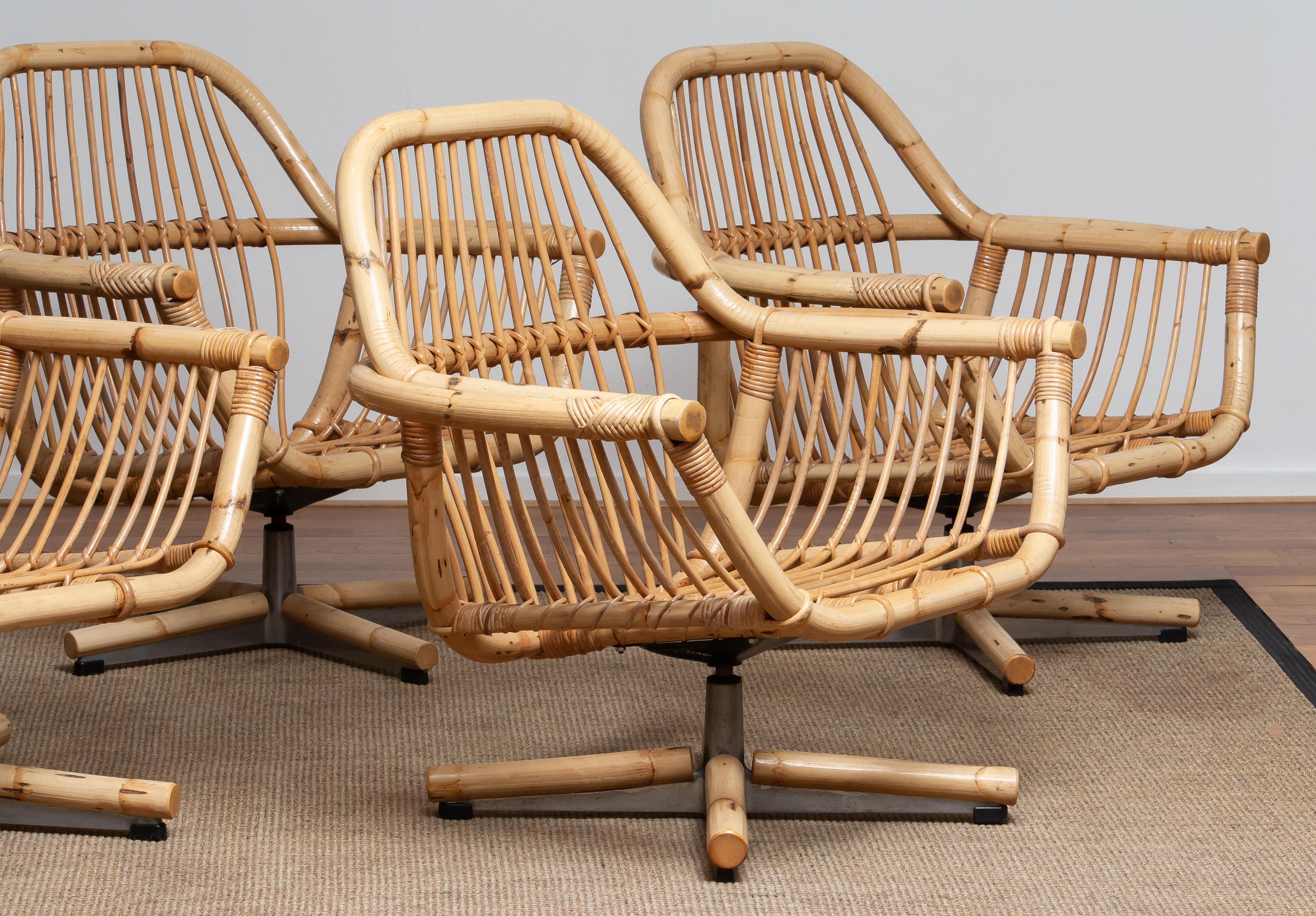 Aluminum 1960s Scandinavian Rattan Garden Set or Lounge Set Consist Five Swivel Chairs