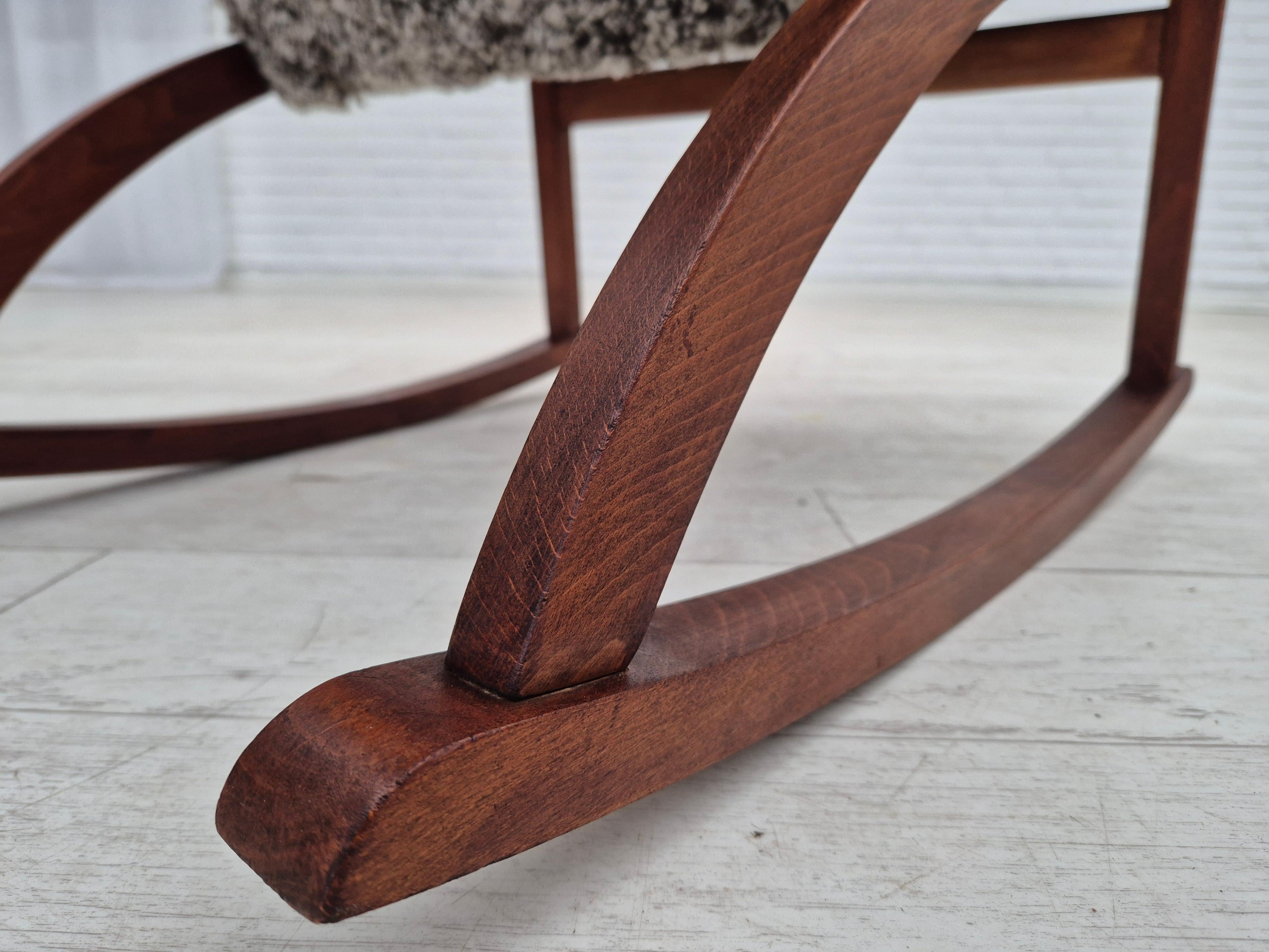 1960s, Scandinavian rocking chair, reupholstered in quality genuine sheepskin. 3