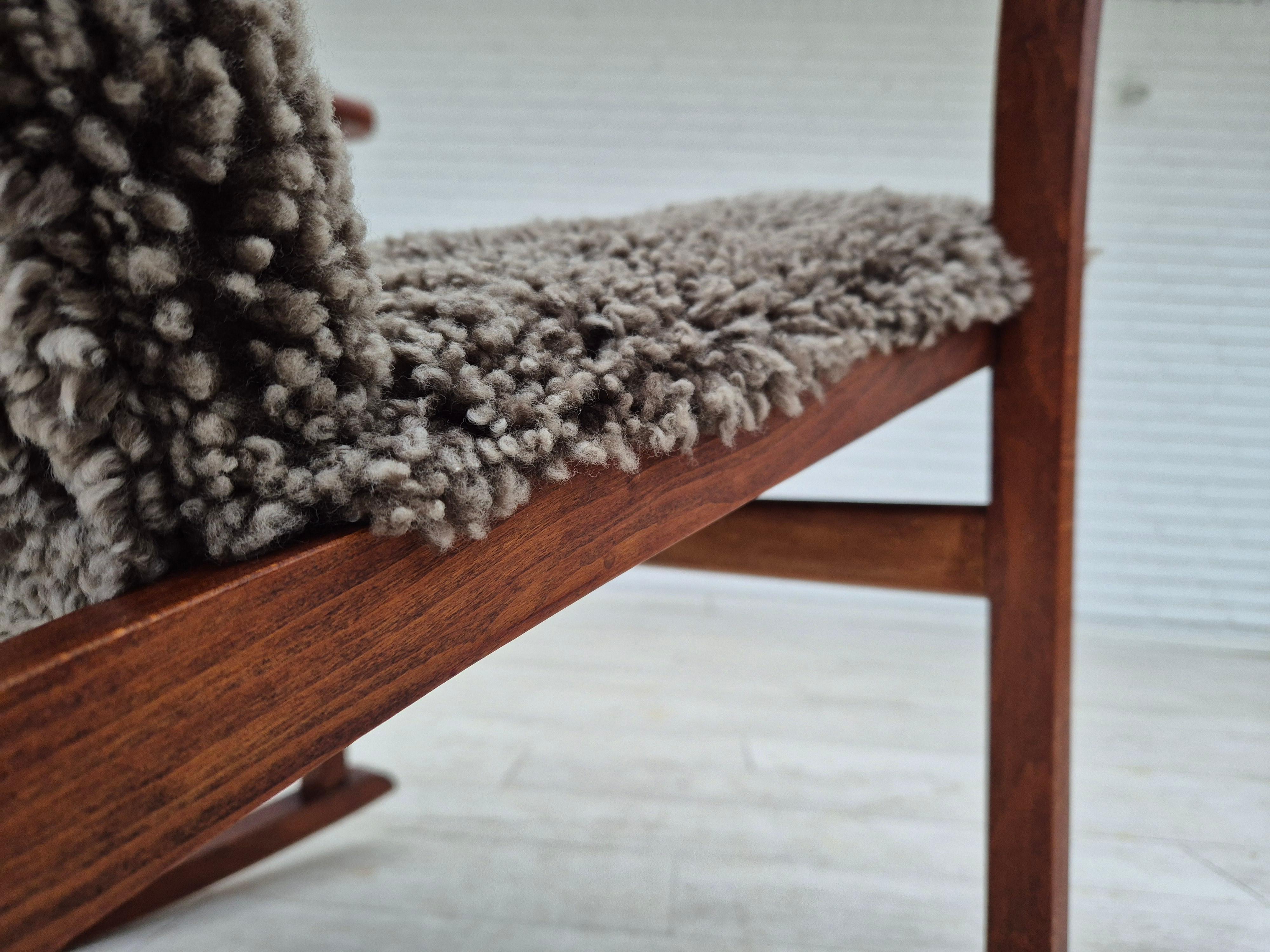 1960s, Scandinavian rocking chair, reupholstered in quality genuine sheepskin. 4