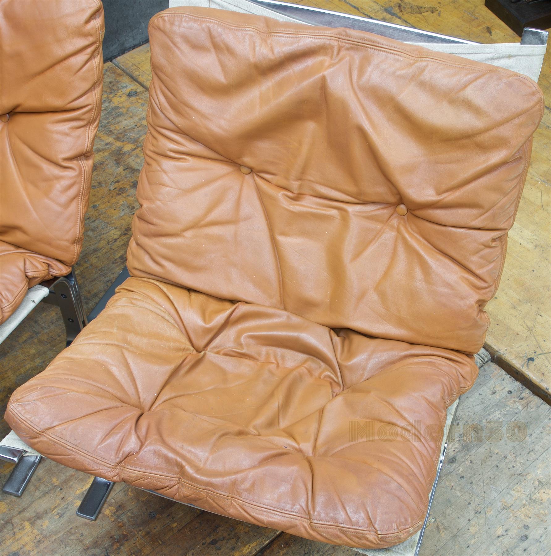 1960s Scandinavian Steel Leather Sling Lounge Chairs Mid-Century Cabinmodern 1