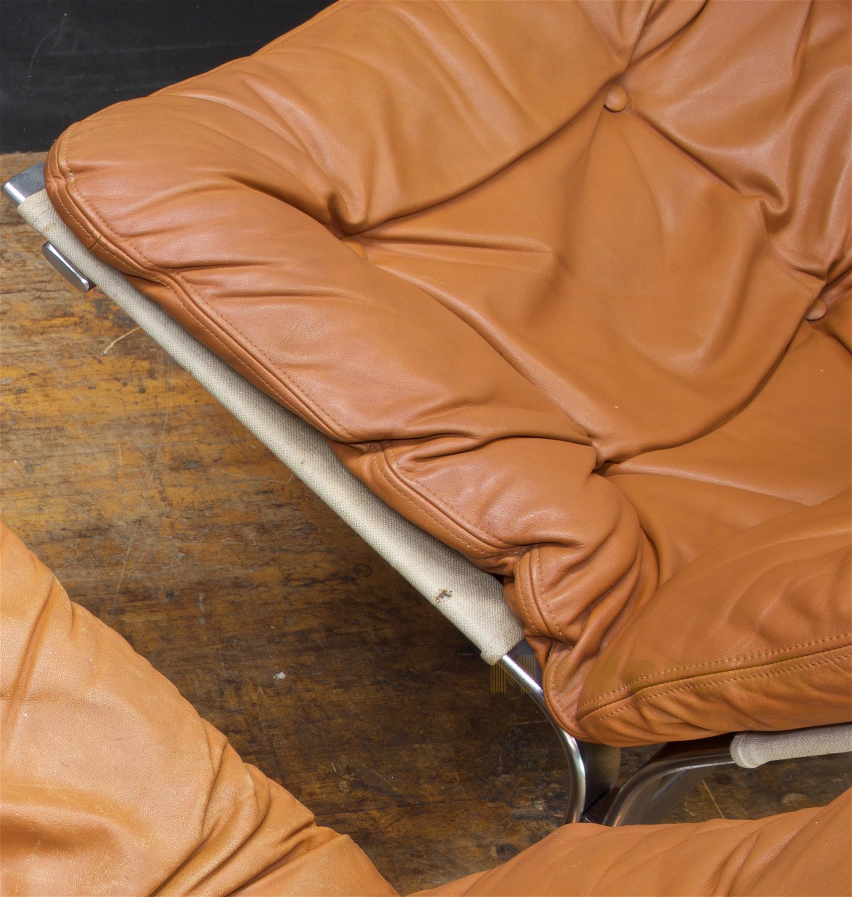 1960s Scandinavian Steel Leather Sling Lounge Chairs Mid-Century Cabinmodern 4