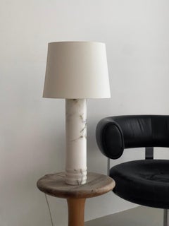 1960s Scandinavian table lamp in white marble and new linen shade.