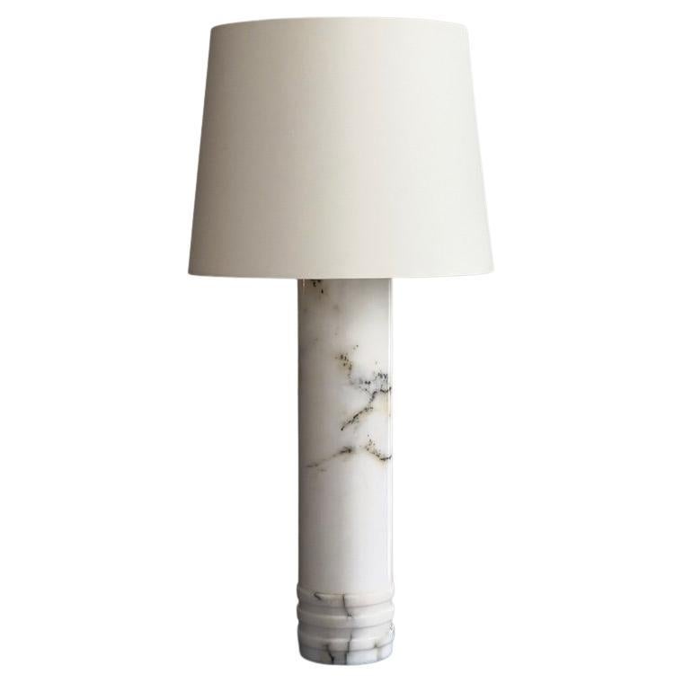 1960s Scandinavian table lamp in white marble and new linen shade.
