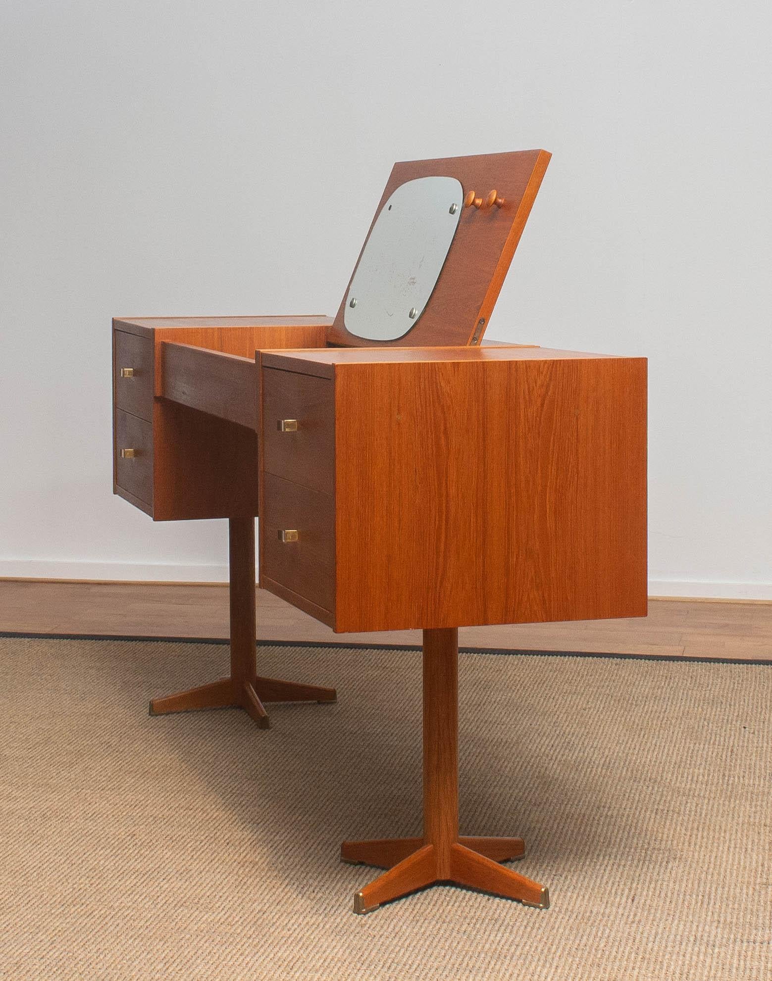 1960s, Scandinavian Vanity Desk in Teak and Brass, Sweden 9