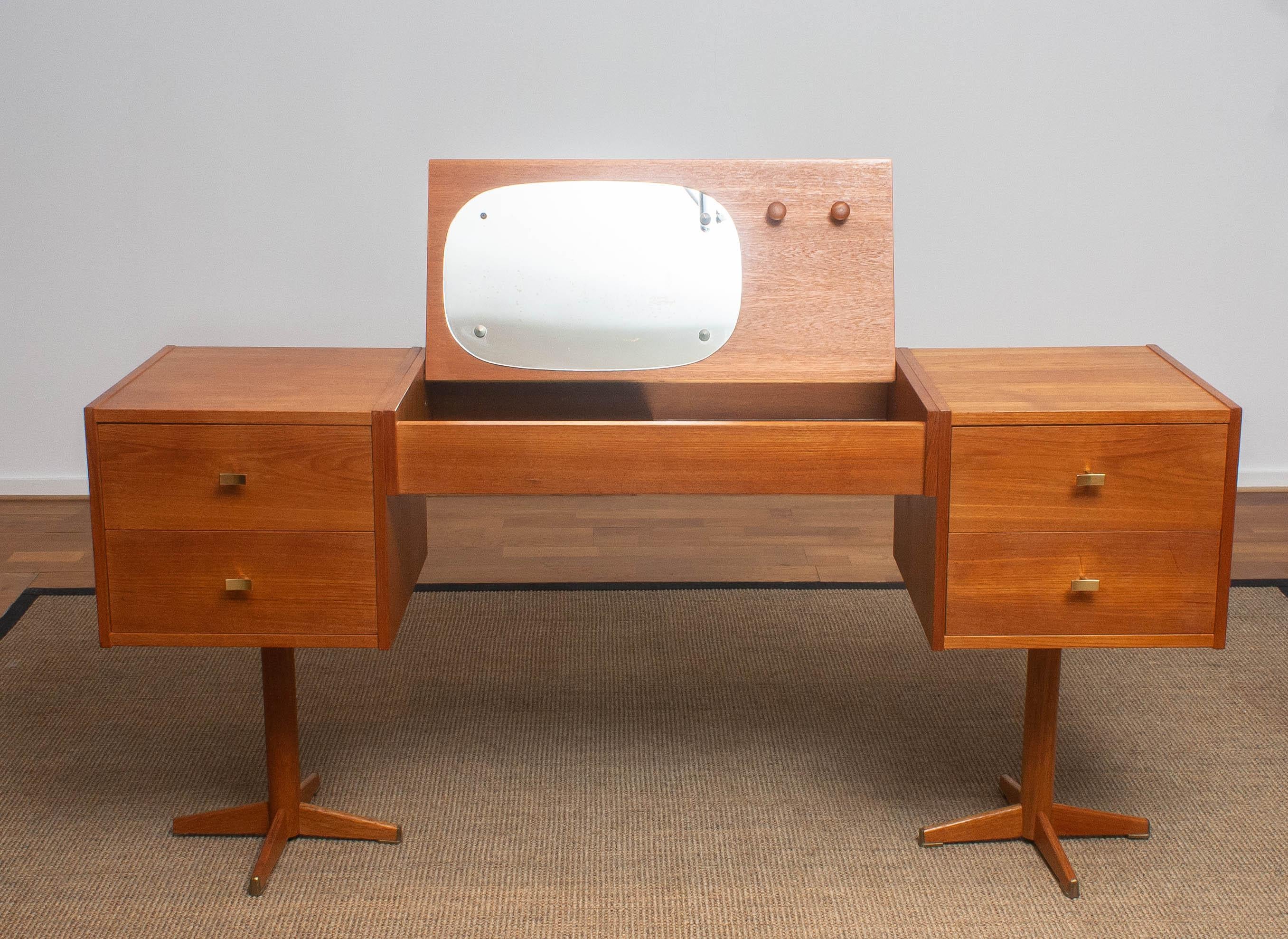 1960s, Scandinavian Vanity Desk in Teak and Brass, Sweden 2