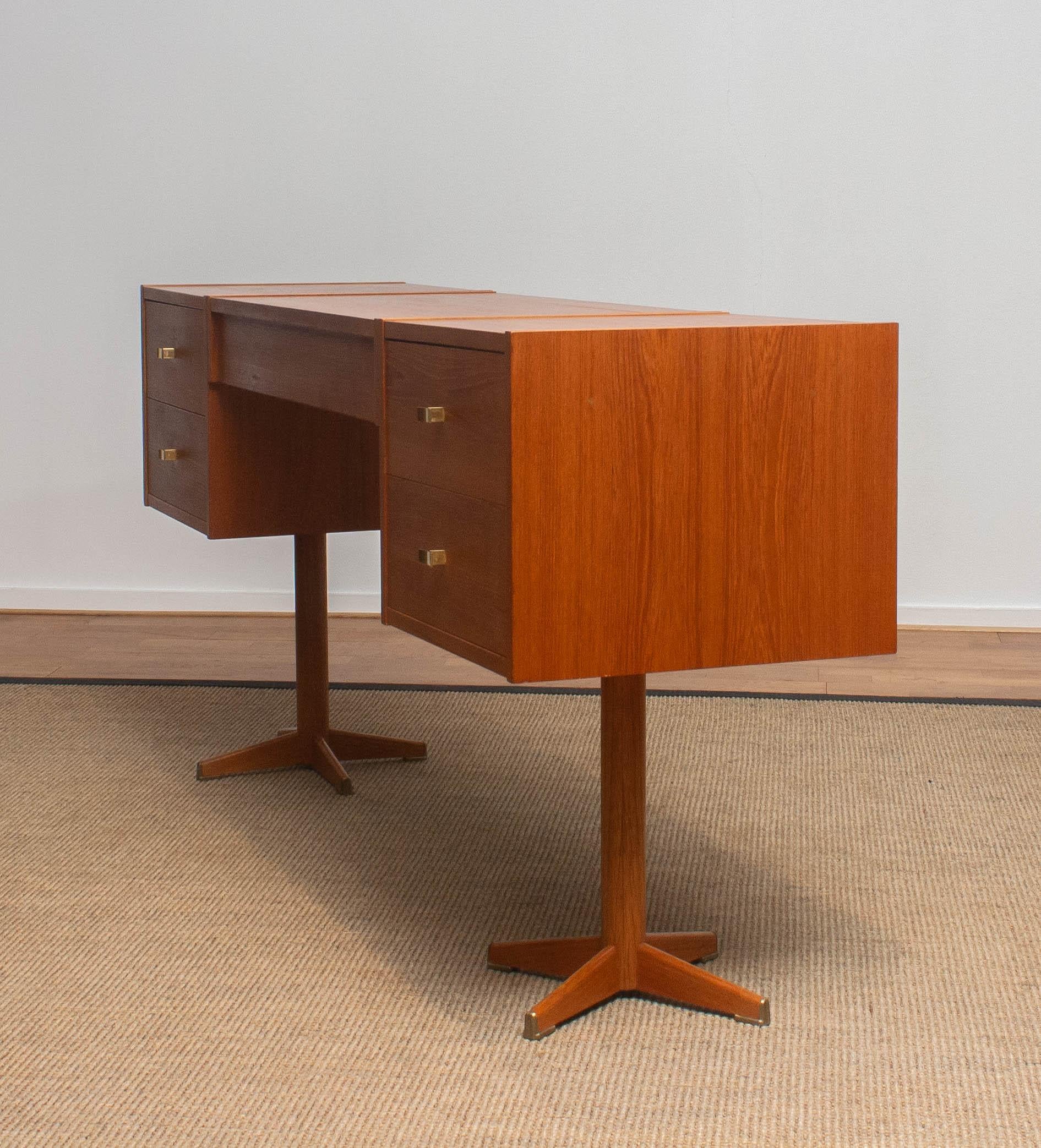 1960s, Scandinavian Vanity Dressing Table Desk in Teak and Brass Sweden 9