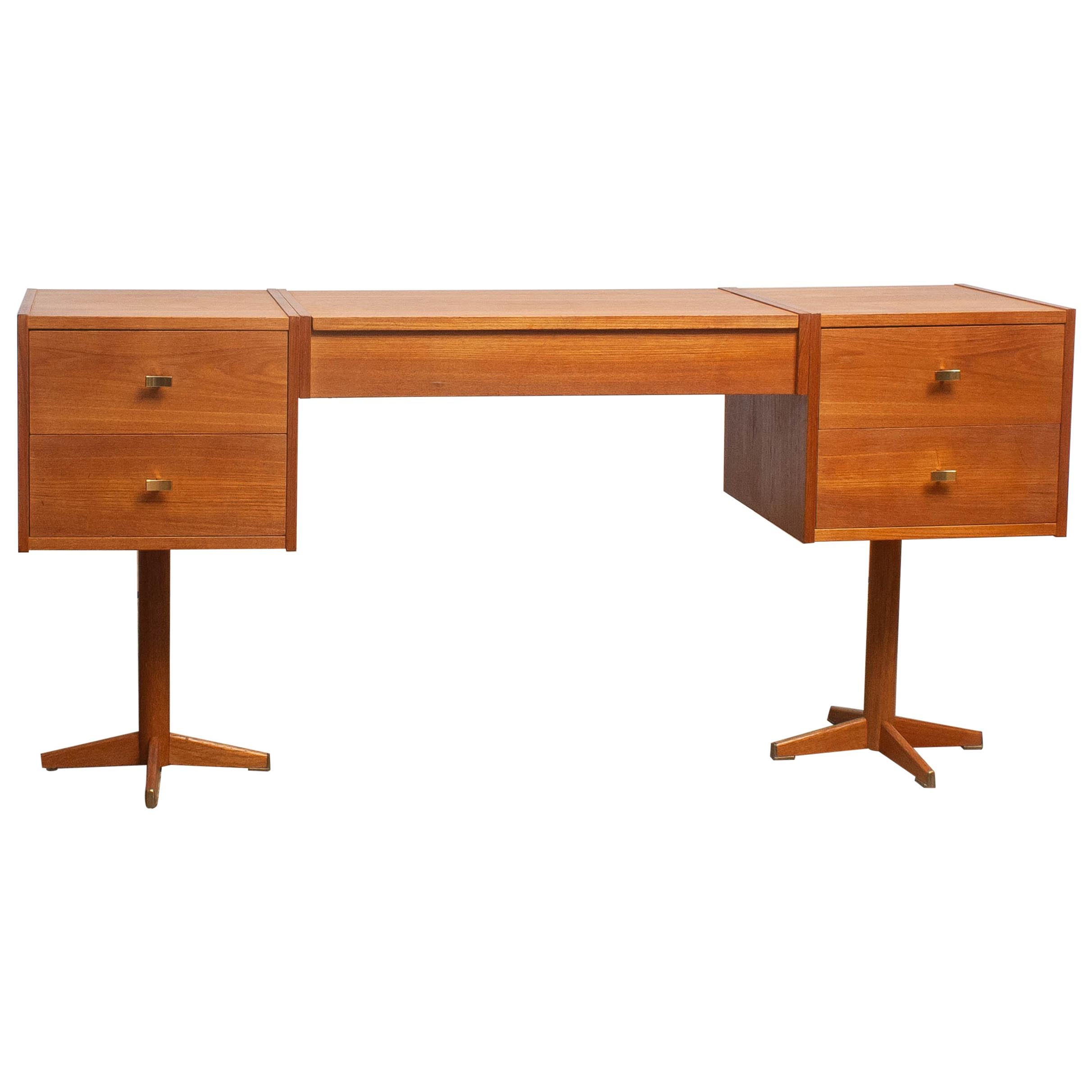 Swedish 1960s, Scandinavian Vanity Dressing Table Desk in Teak and Brass, Sweden