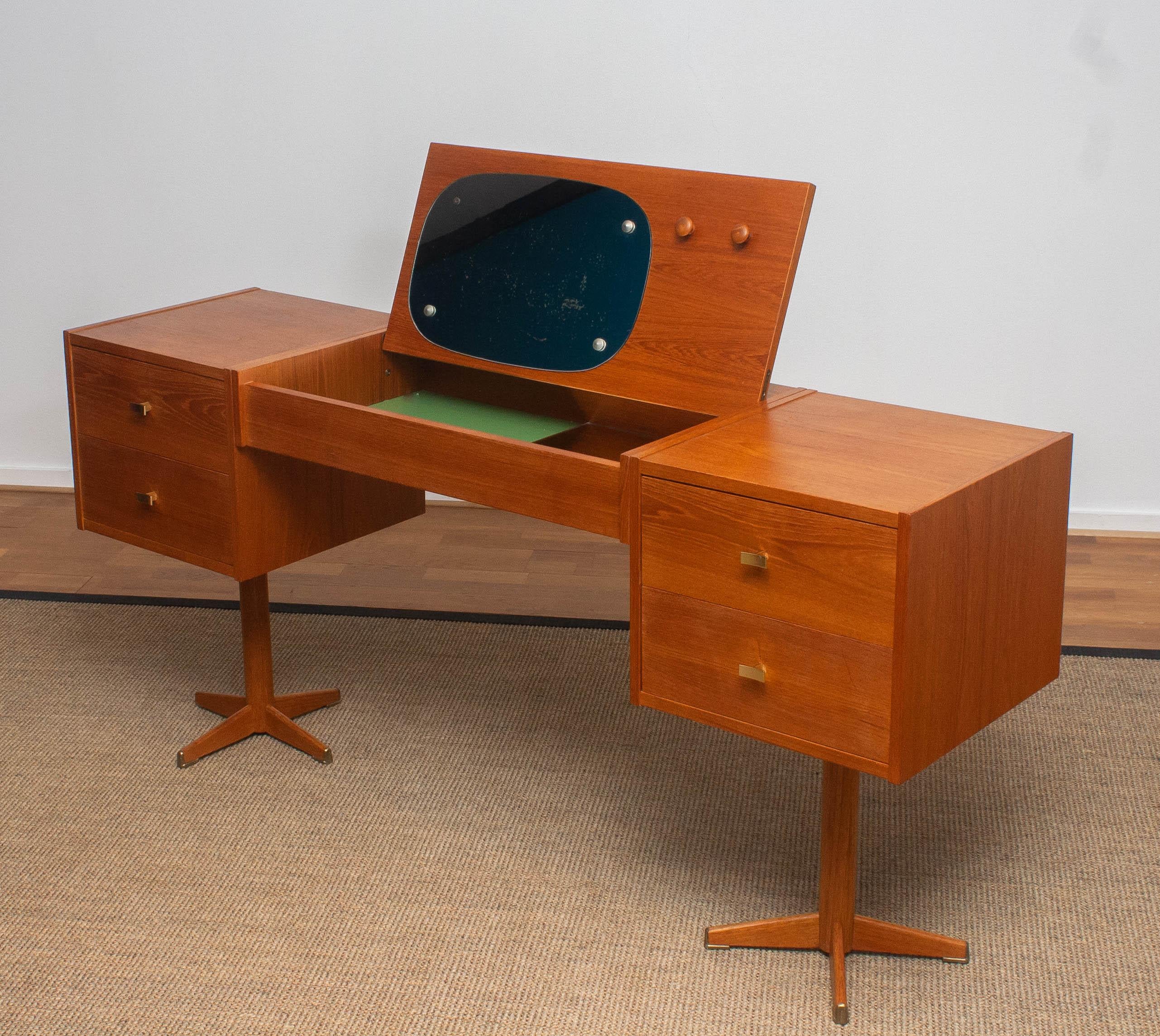 Mid-20th Century 1960s, Scandinavian Vanity Dressing Table Desk in Teak and Brass, Sweden