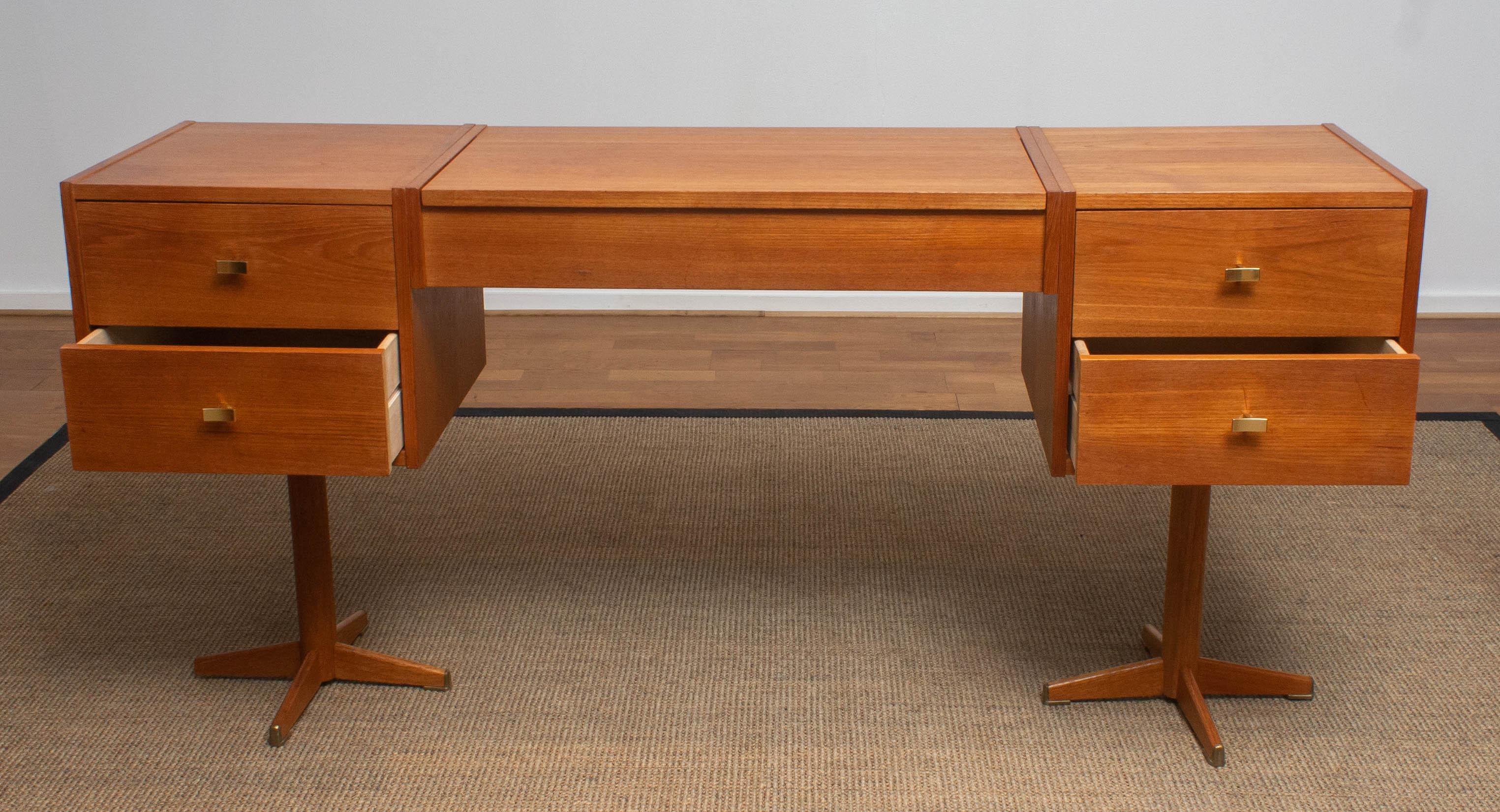 1960s, Scandinavian Vanity Dressing Table Desk in Teak and Brass, Sweden 3