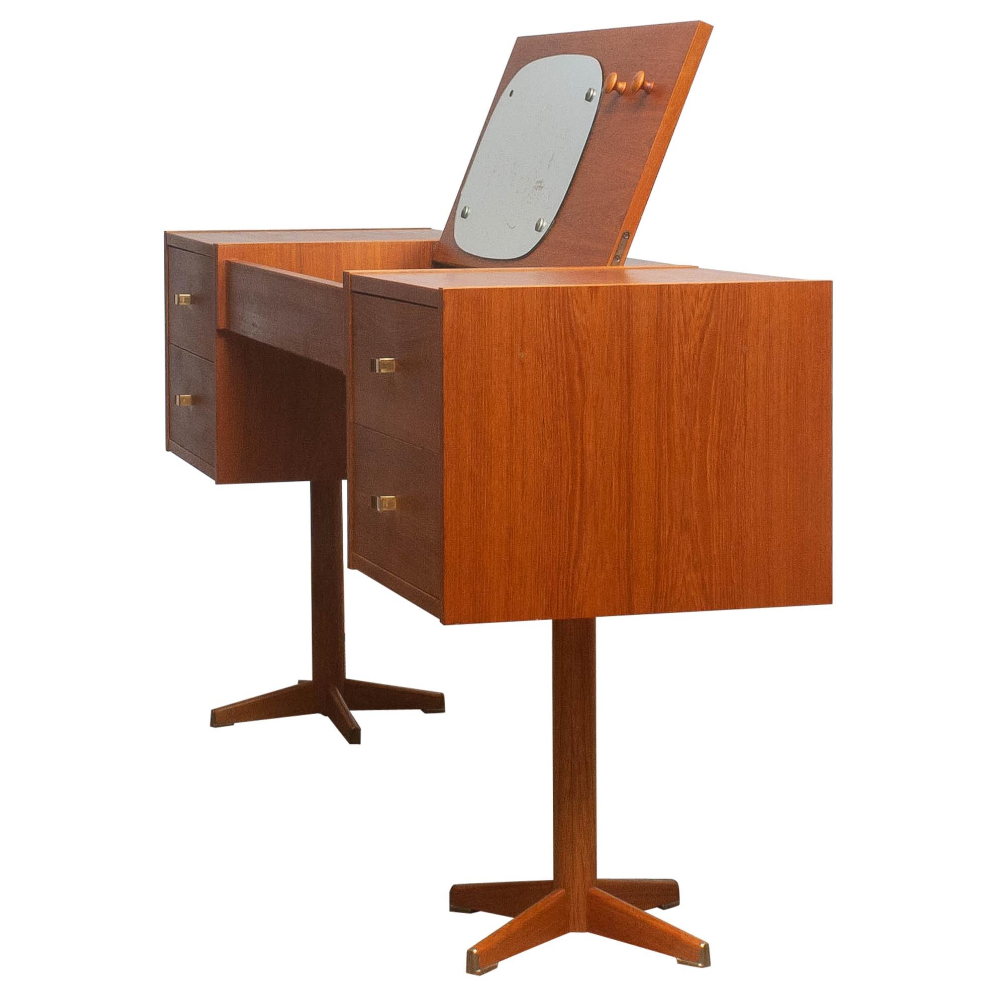 1960s, Scandinavian Vanity Dressing Table Desk in Teak and Brass Sweden