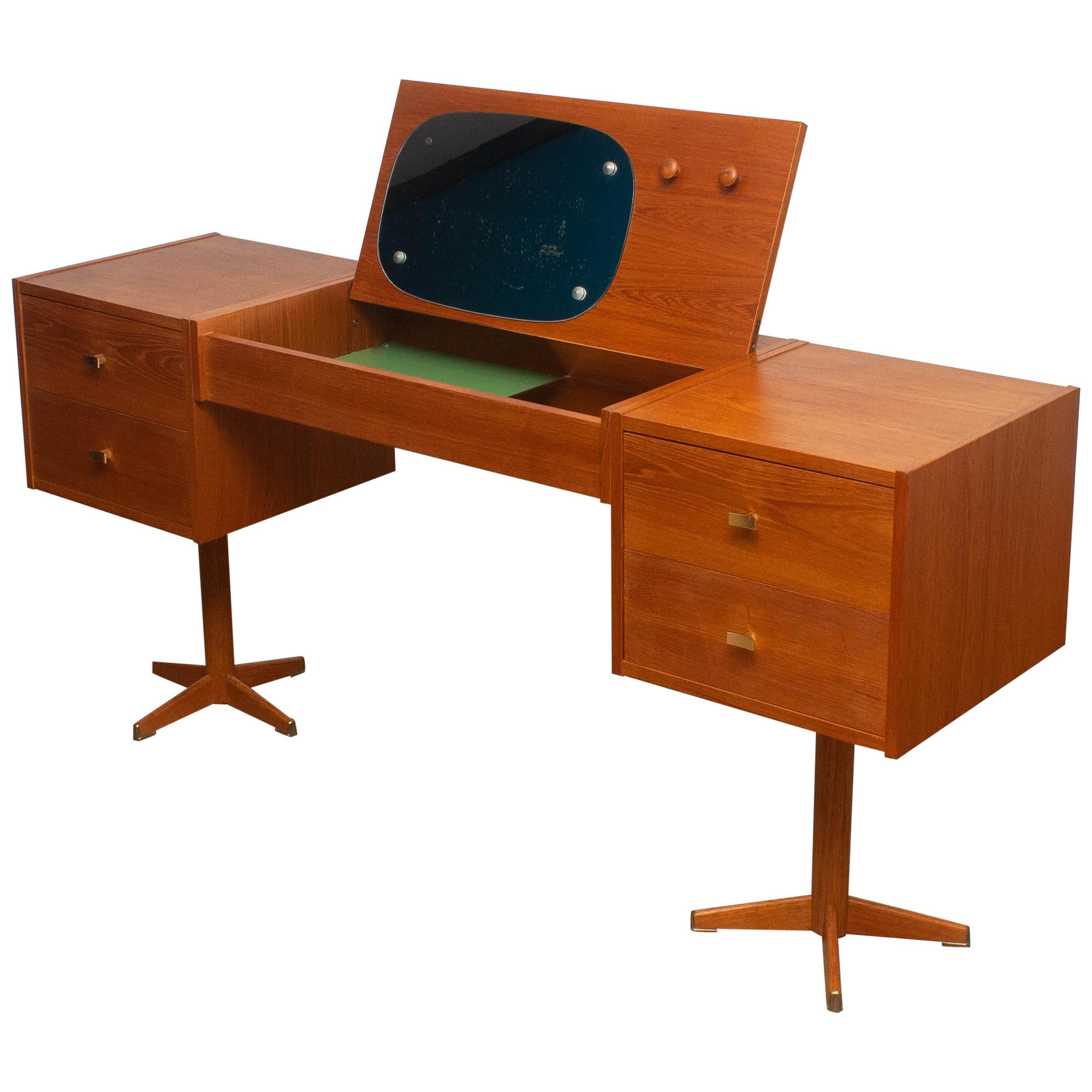 1960s, Scandinavian Vanity Dressing Table Desk in Teak with Brass Details F