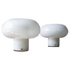 1960s Scandinavian White Cloud Table Lamps Pair Swedish Art Glass Ski Chalet