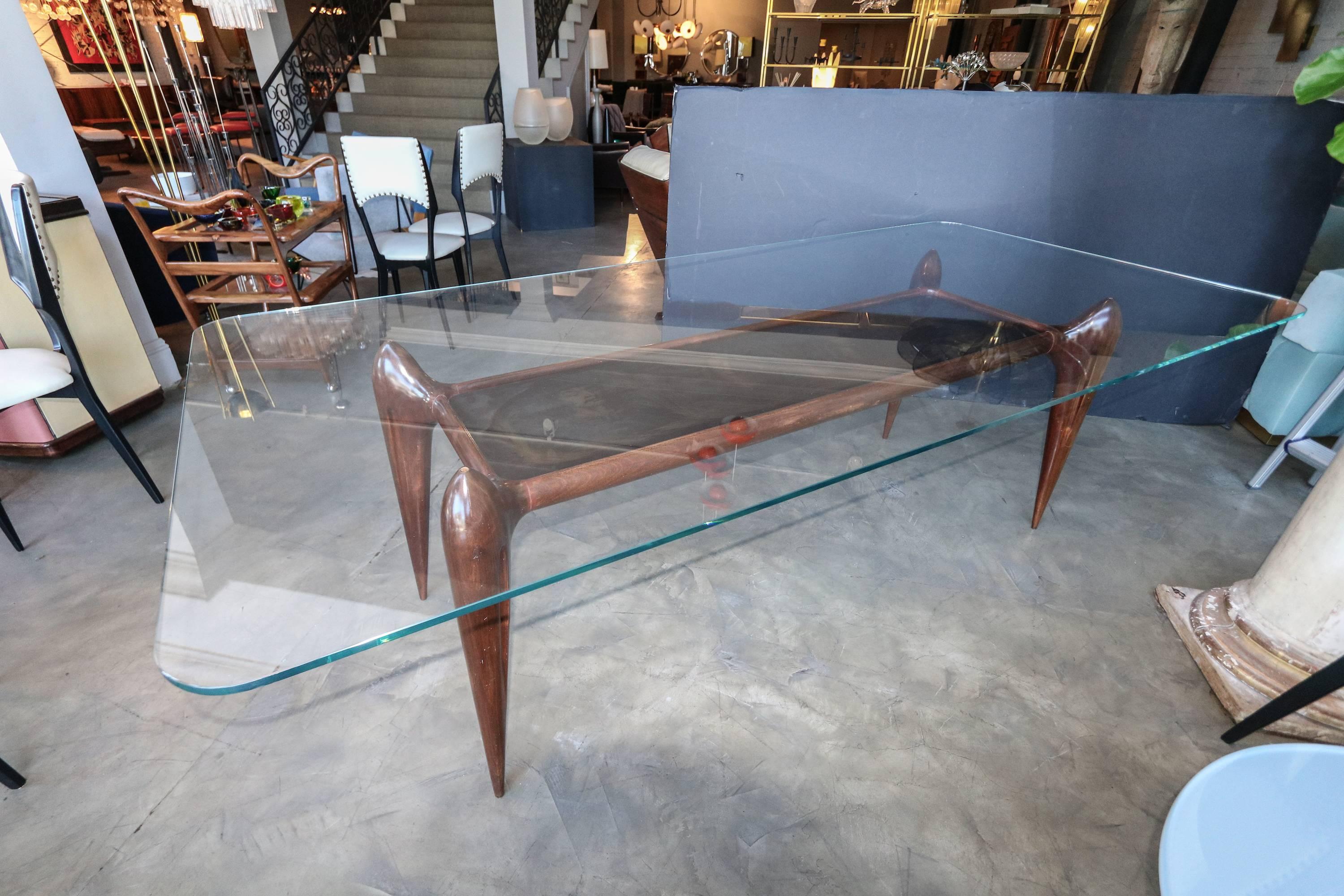 Mid-20th Century 1960s Scapinelli Brazilian Wood Dining Table with Painting and Glass Top For Sale