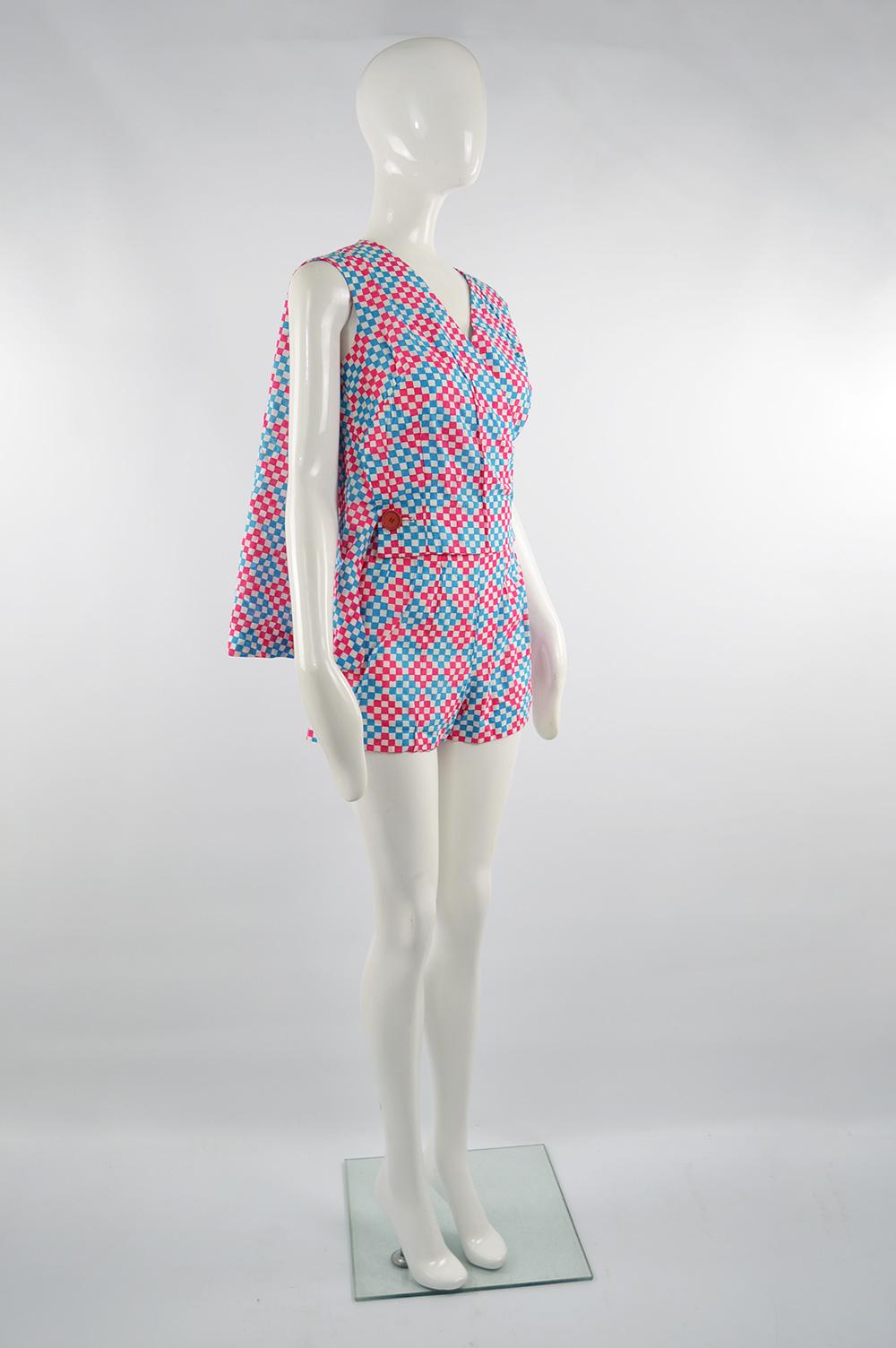 Gray 1960s Scarabocchio Harvey Nichols Pink & Blue Cotton Cape Sleeve Playsuit Romper For Sale