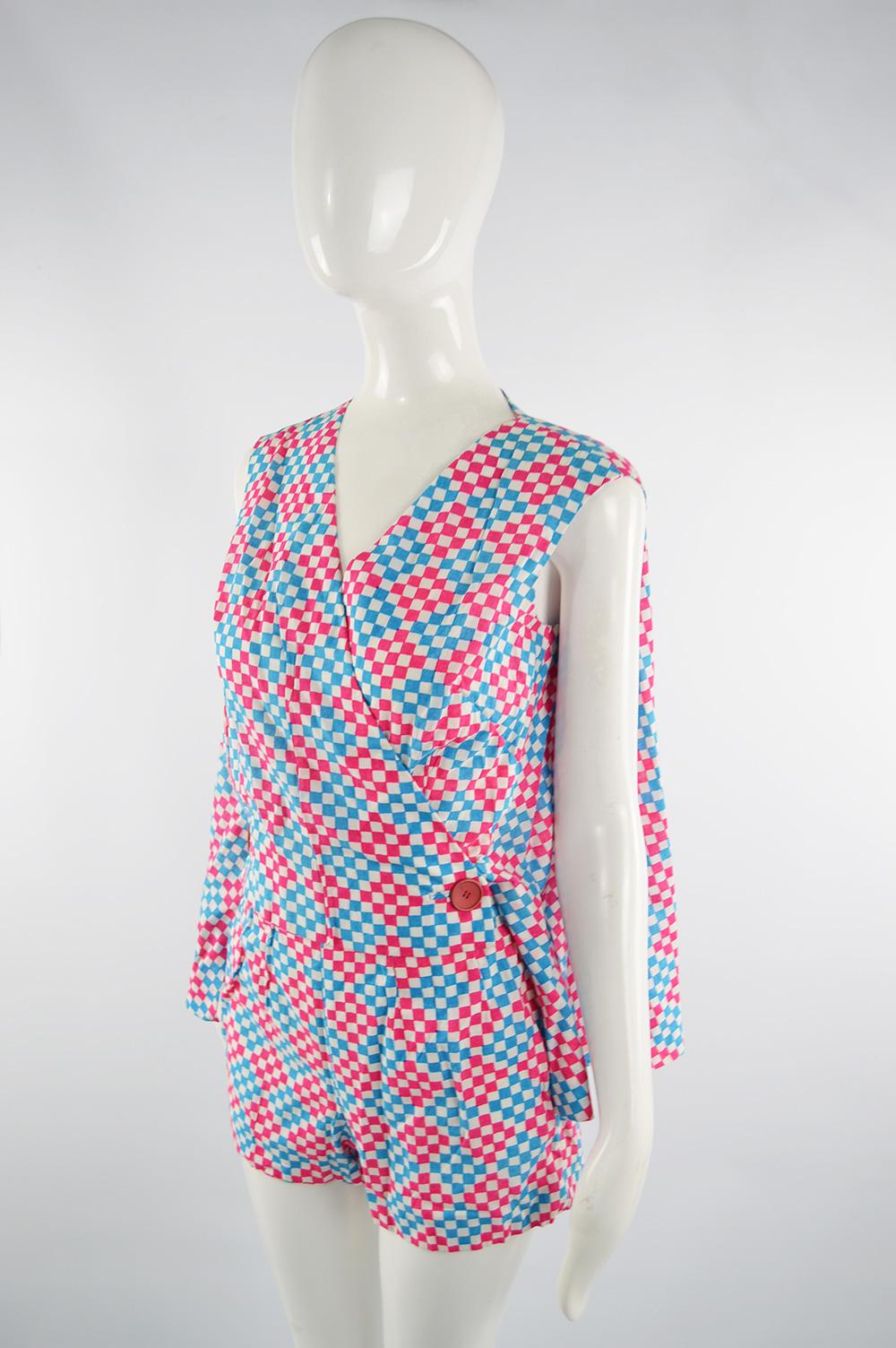 Women's 1960s Scarabocchio Harvey Nichols Pink & Blue Cotton Cape Sleeve Playsuit Romper For Sale