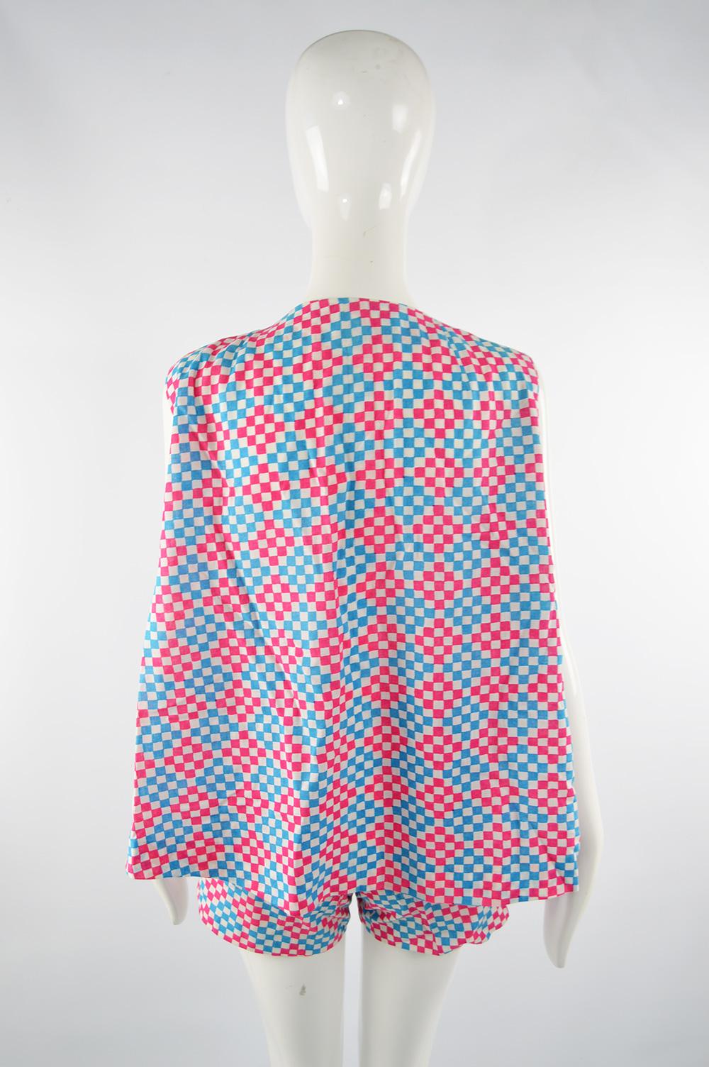 1960s Scarabocchio Harvey Nichols Pink & Blue Cotton Cape Sleeve Playsuit Romper For Sale 1
