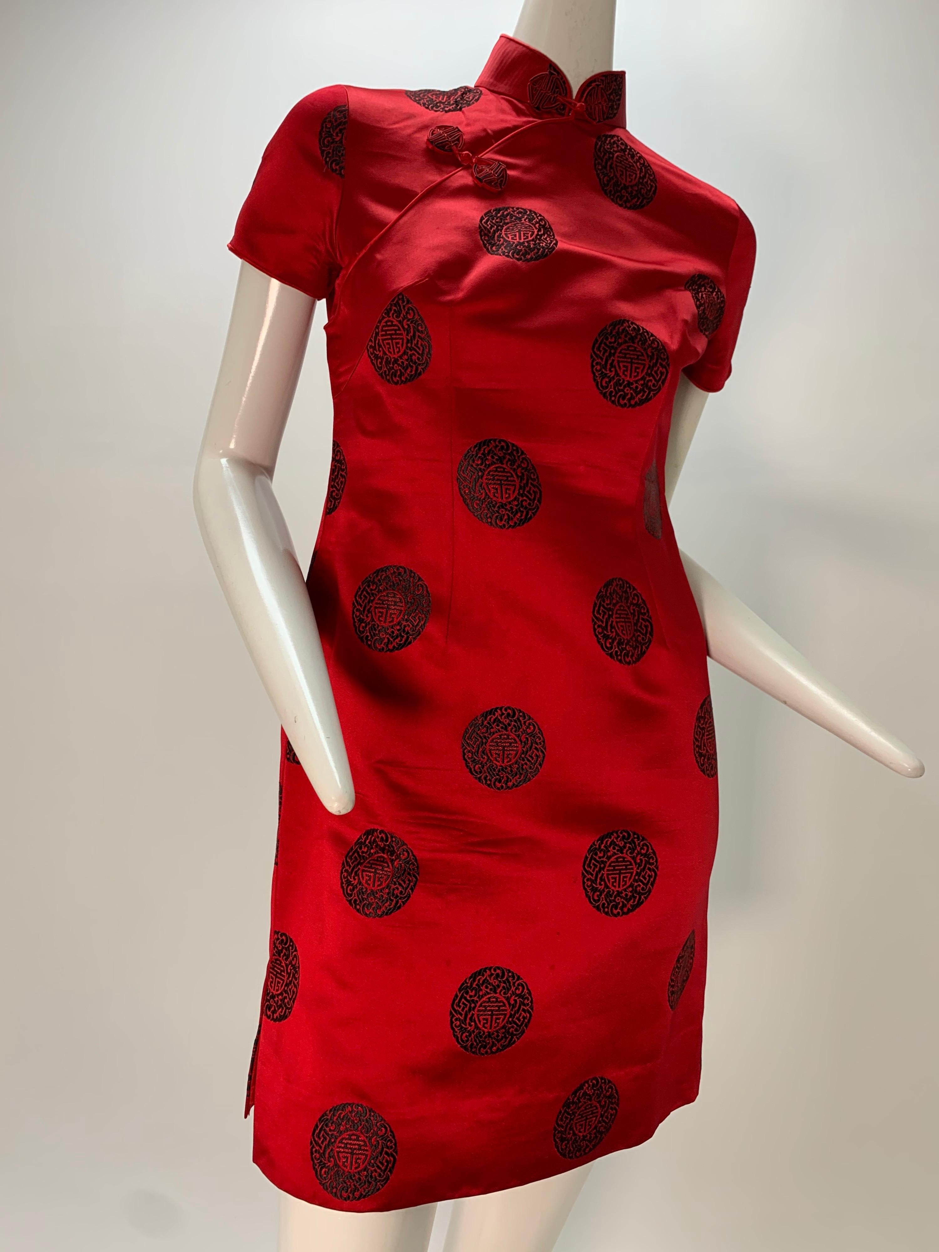 1960s Scarlet Hong Kong Silk Satin Mini Dress Cheongsam and Coat Ensemble  3