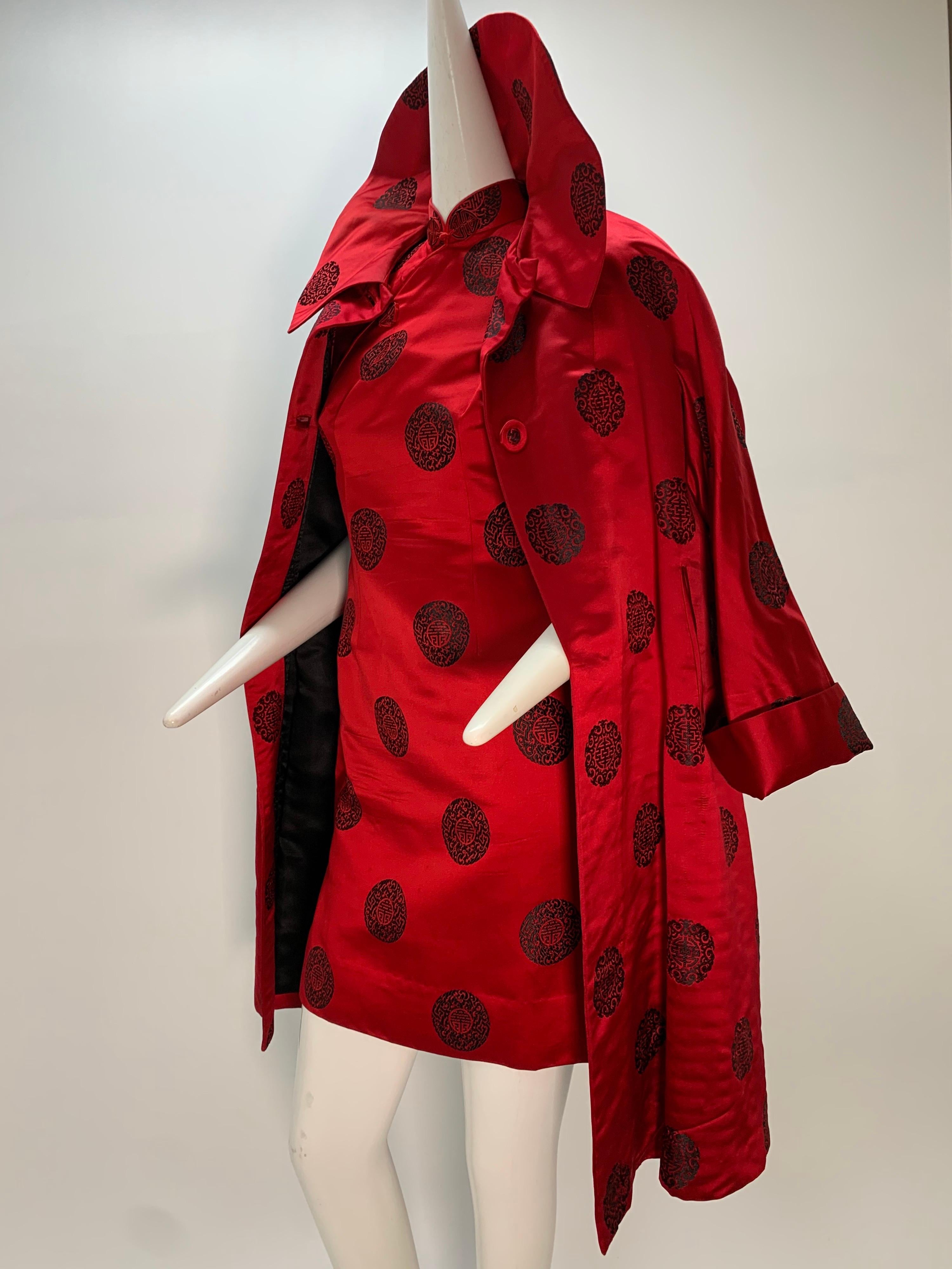1960s Scarlet Hong Kong Silk Satin Mini Dress Cheongsam and Coat Ensemble  1