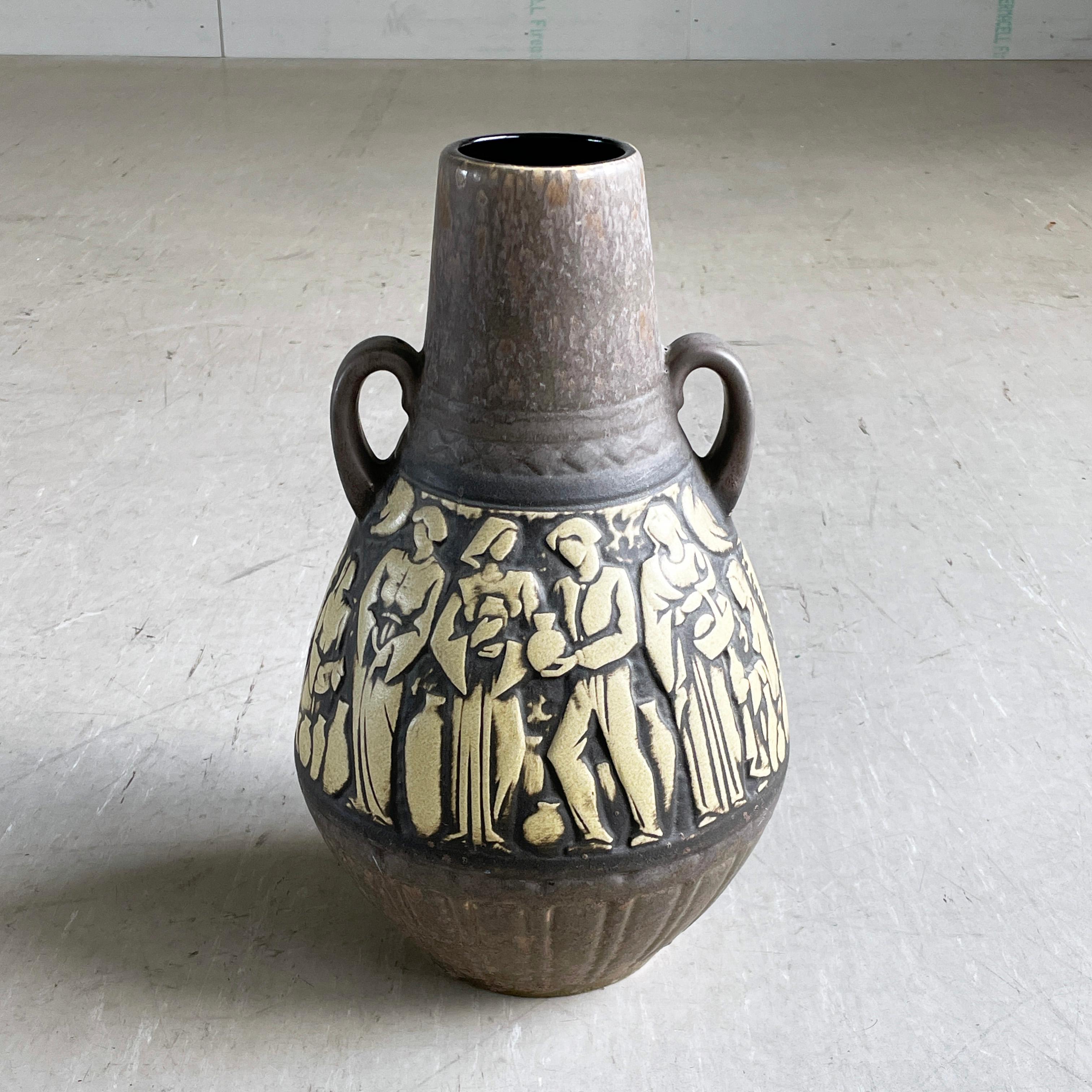 Fired 1960’s Scheurich Keramik West German Ceramic 'Market Life' Floor Vase For Sale