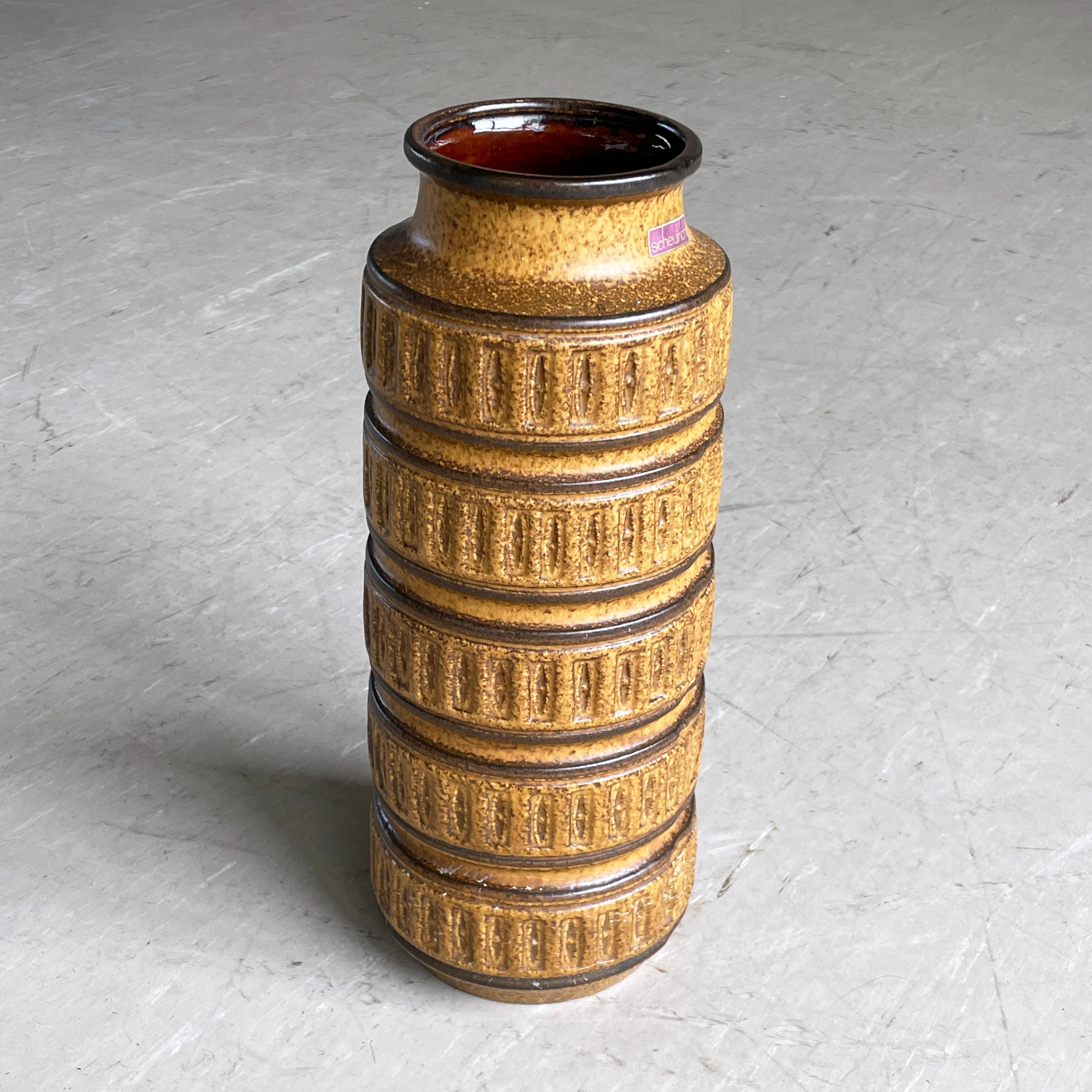 1960’s Scheurich Keramik West German Ceramic Vase. 
Numbered on base: W. Germany 268-40. With ochre and brown glaze. Scheurich label attached. Small chip to base as shown.