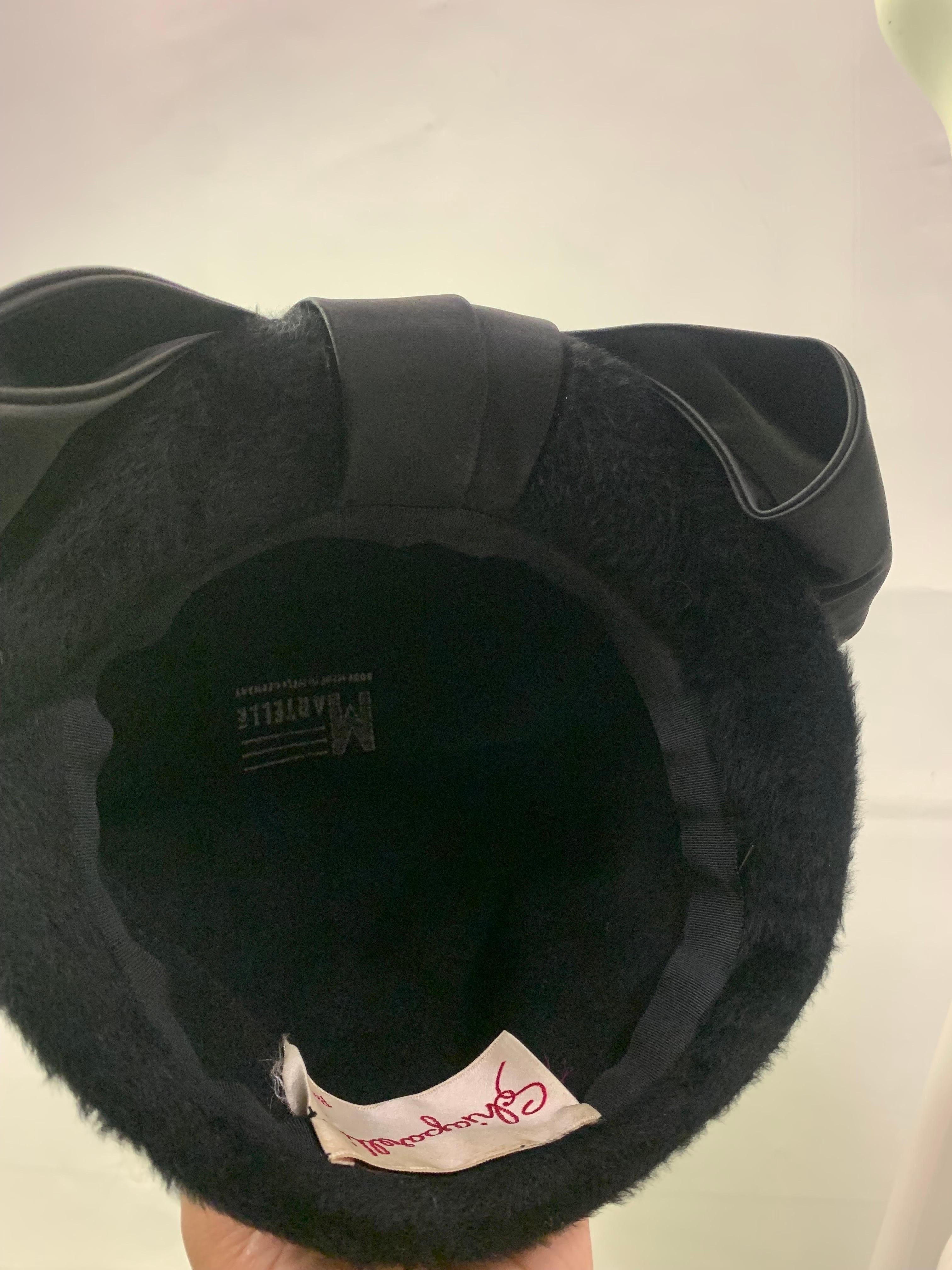 1960s Schiaparelli Black Wool Felt Cloche Hat w Huge Silk Bow At Front  In Excellent Condition In Gresham, OR