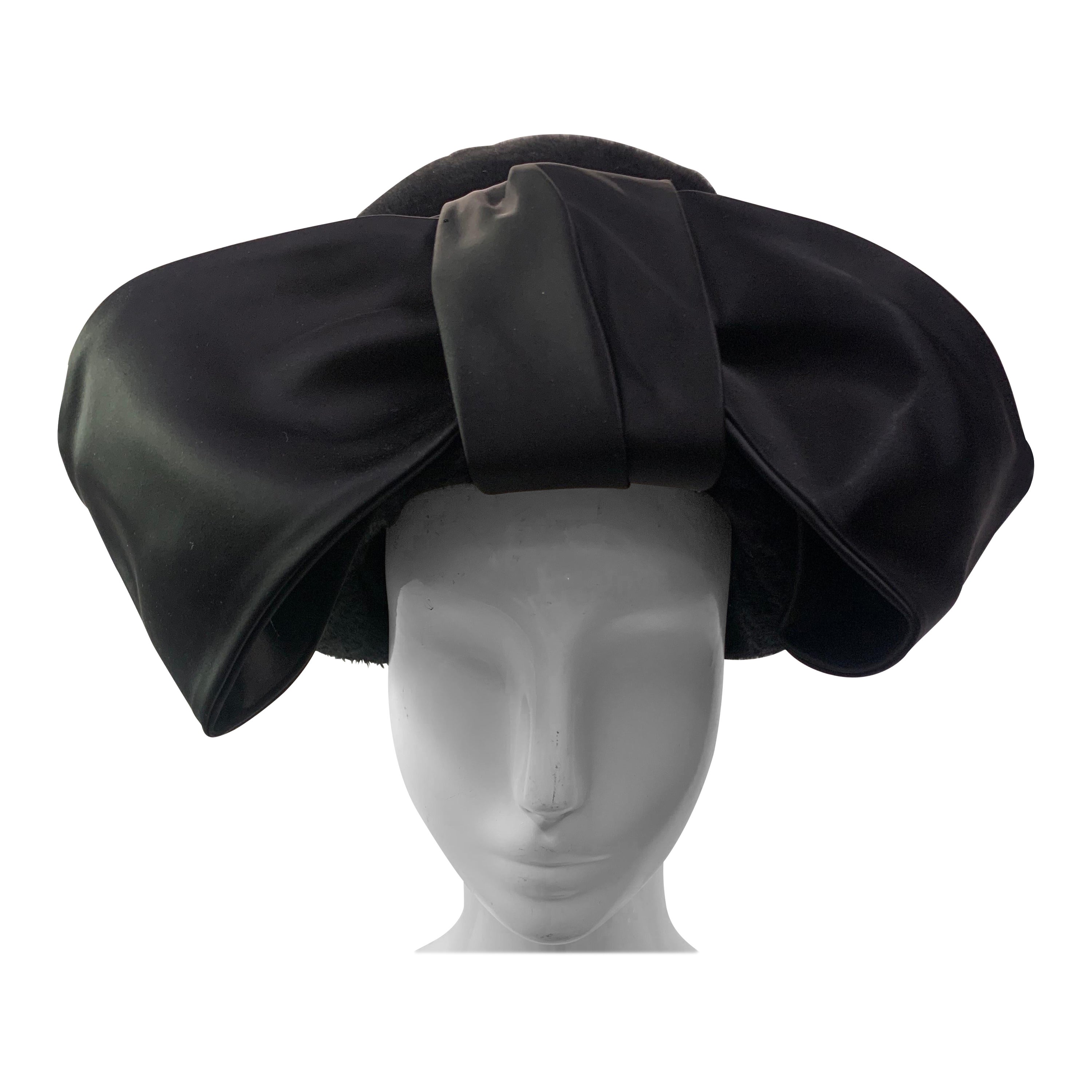 1960s Schiaparelli Black Wool Felt Cloche Hat w Huge Silk Bow At Front