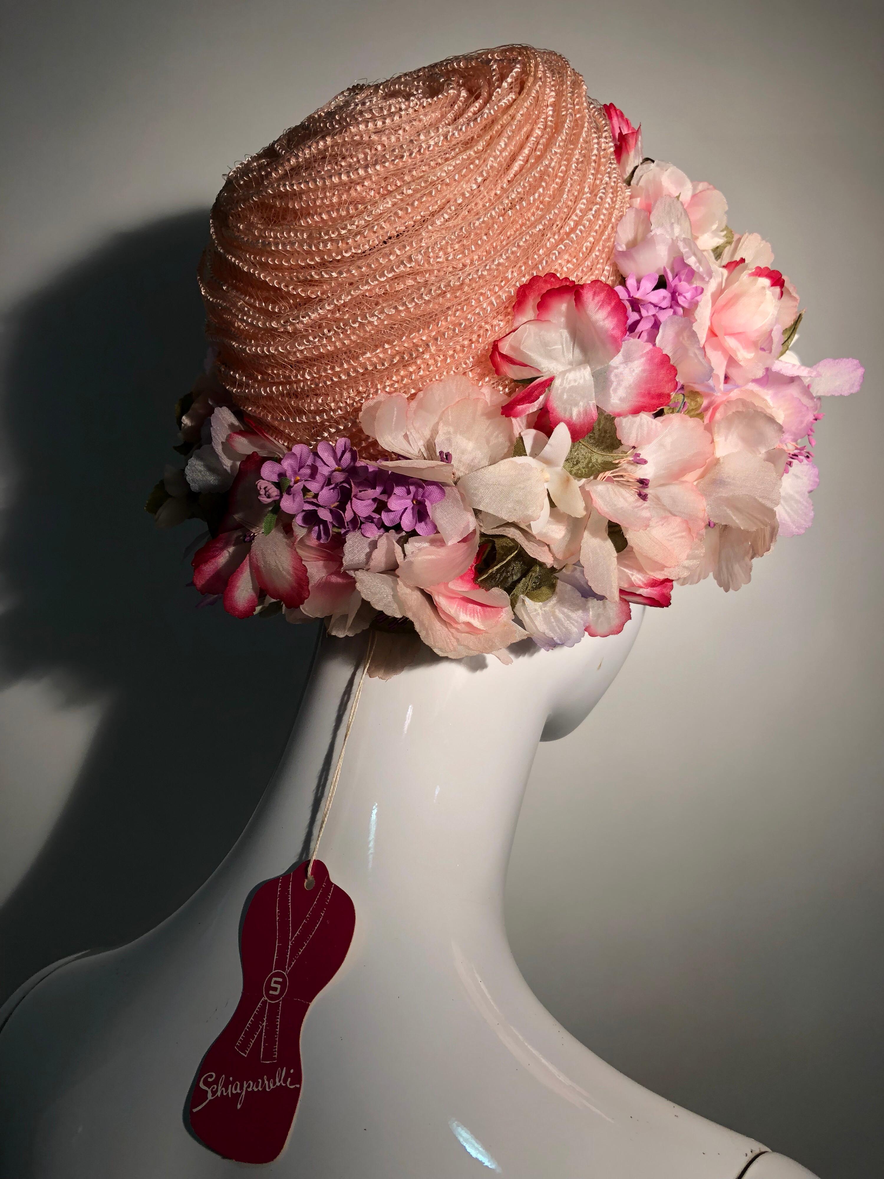 Beige 1960s Schiaparelli Straw Spring Hat With Wreath Of Silk Flowers Around Edge