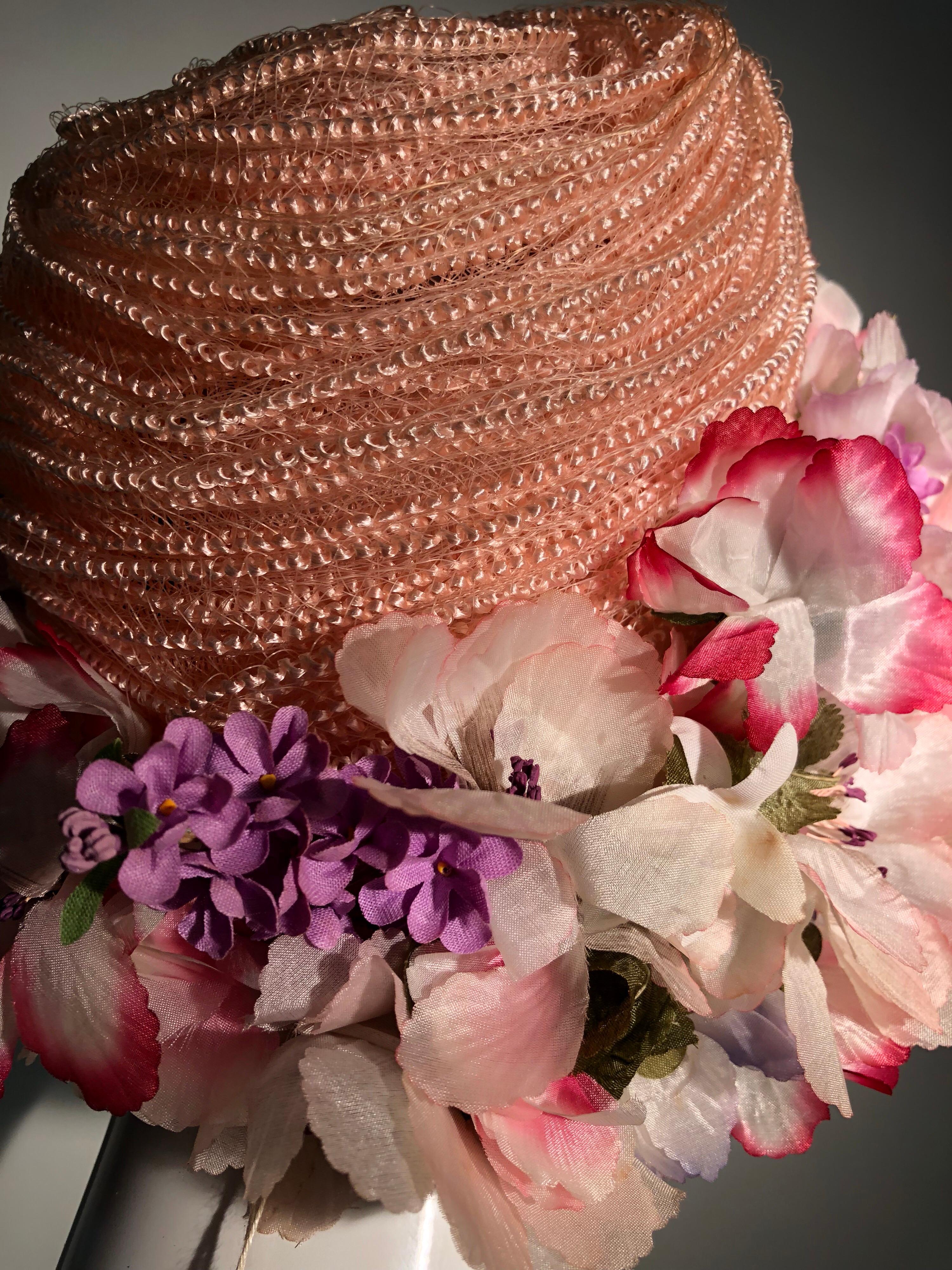 1960s Schiaparelli Straw Spring Hat With Wreath Of Silk Flowers Around Edge In New Condition In Gresham, OR
