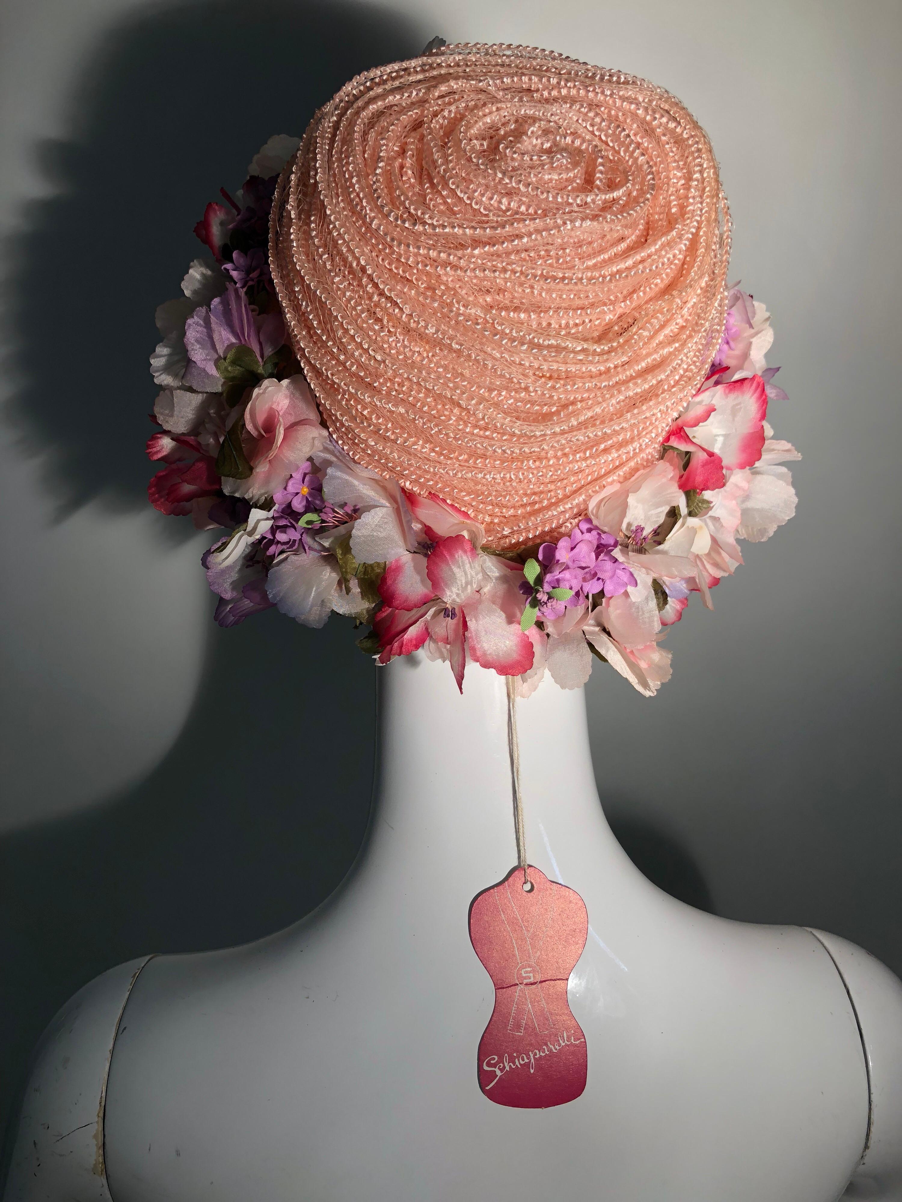 Women's 1960s Schiaparelli Straw Spring Hat With Wreath Of Silk Flowers Around Edge