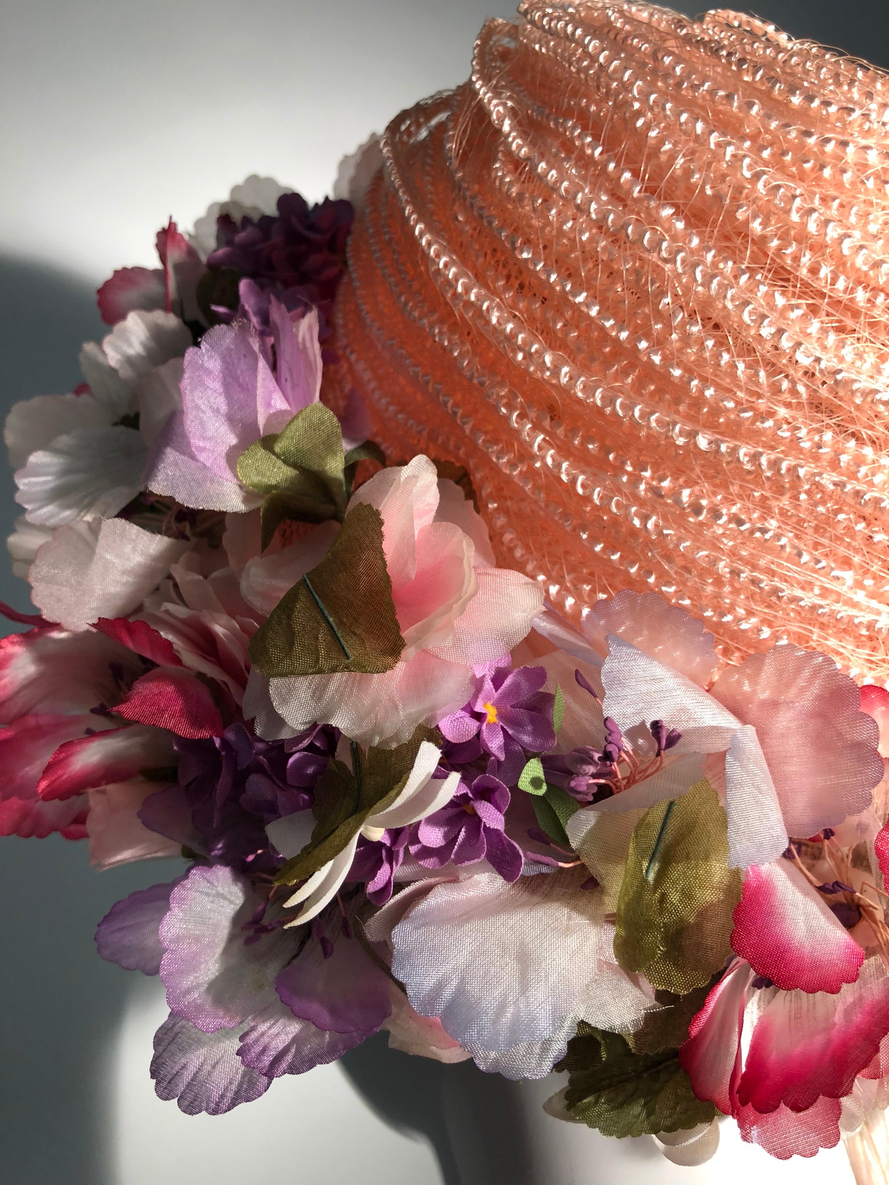 1960s Schiaparelli Straw Spring Hat With Wreath Of Silk Flowers Around Edge 1