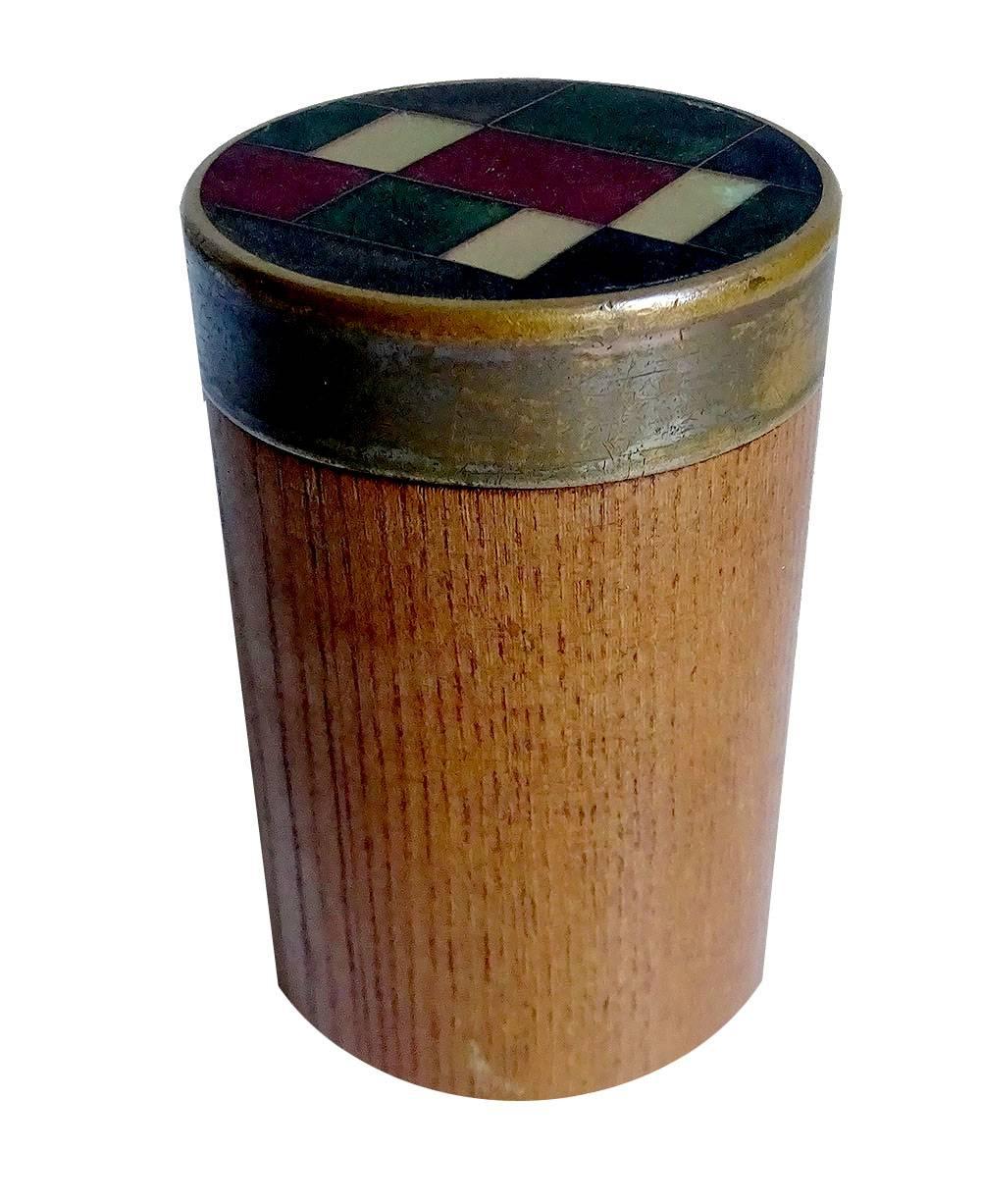 Teak box with cloisonne enameled copper lid, once designed as cigarette container, modernist pattern on lid, manufactured by  Scholz & Lammel Schwaebisch Gmund /Germany 1960

