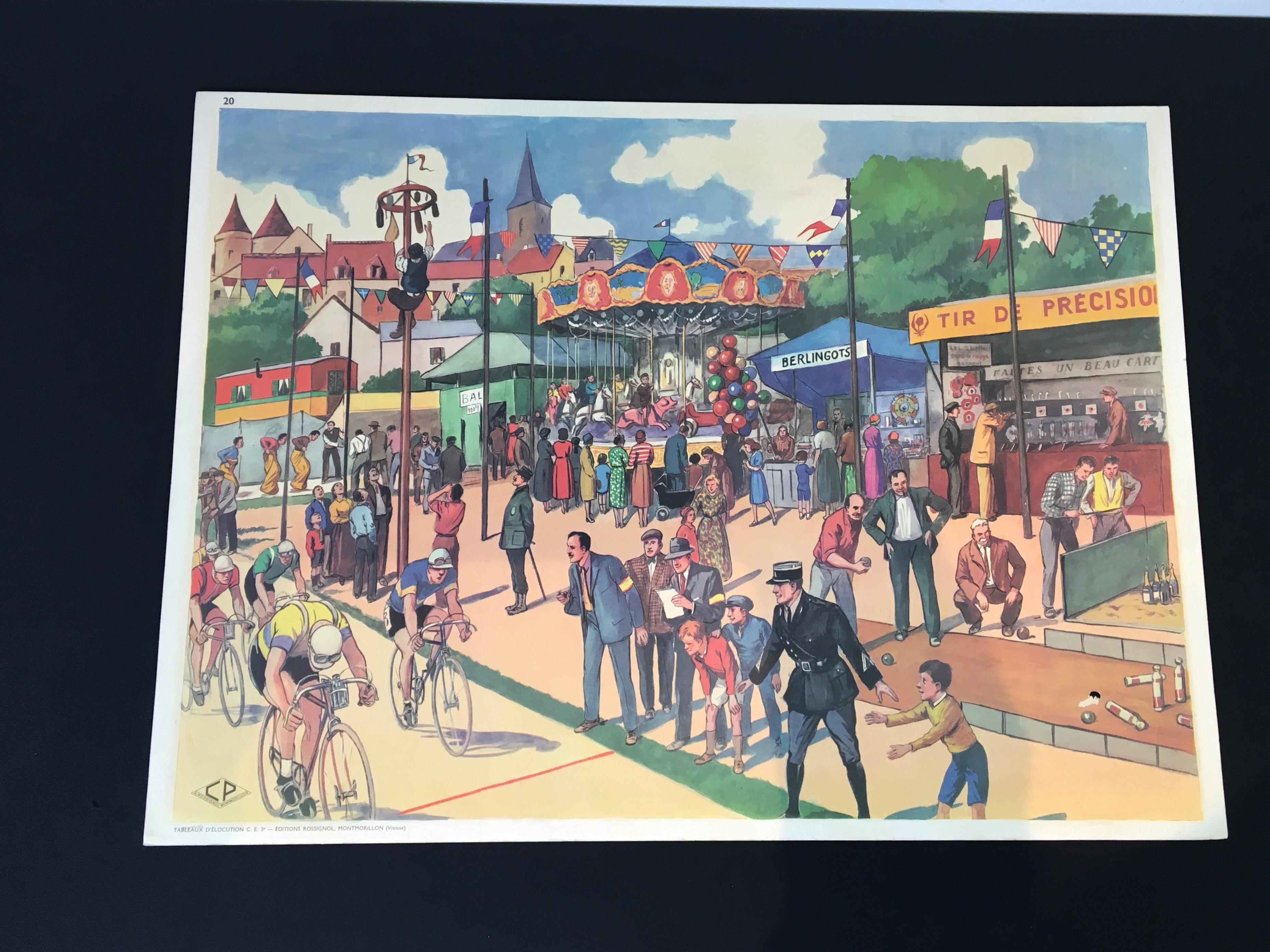School Chart annual fair by Rossignol. 
1960s school chart printed on thick paper with 
theme annual fair - going to the funfair
The design of this chart is so detailed; view all the scenes well:
merry-go-round or carousel with carousel horses,