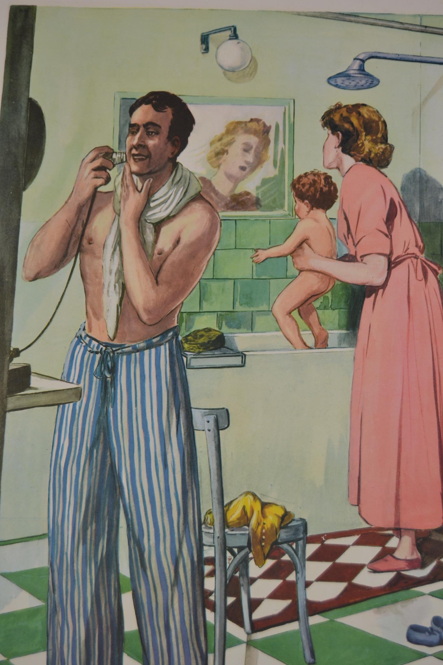 1960s school chart in thick paper of an Art Deco bathroom.
Great bathroom scene: Daddy is shaving his beard, mama is washing the child in bath.
Art Deco lighting, Art Deco bathroom furniture like a pedestal basin with mirrors and bidets, Art Deco