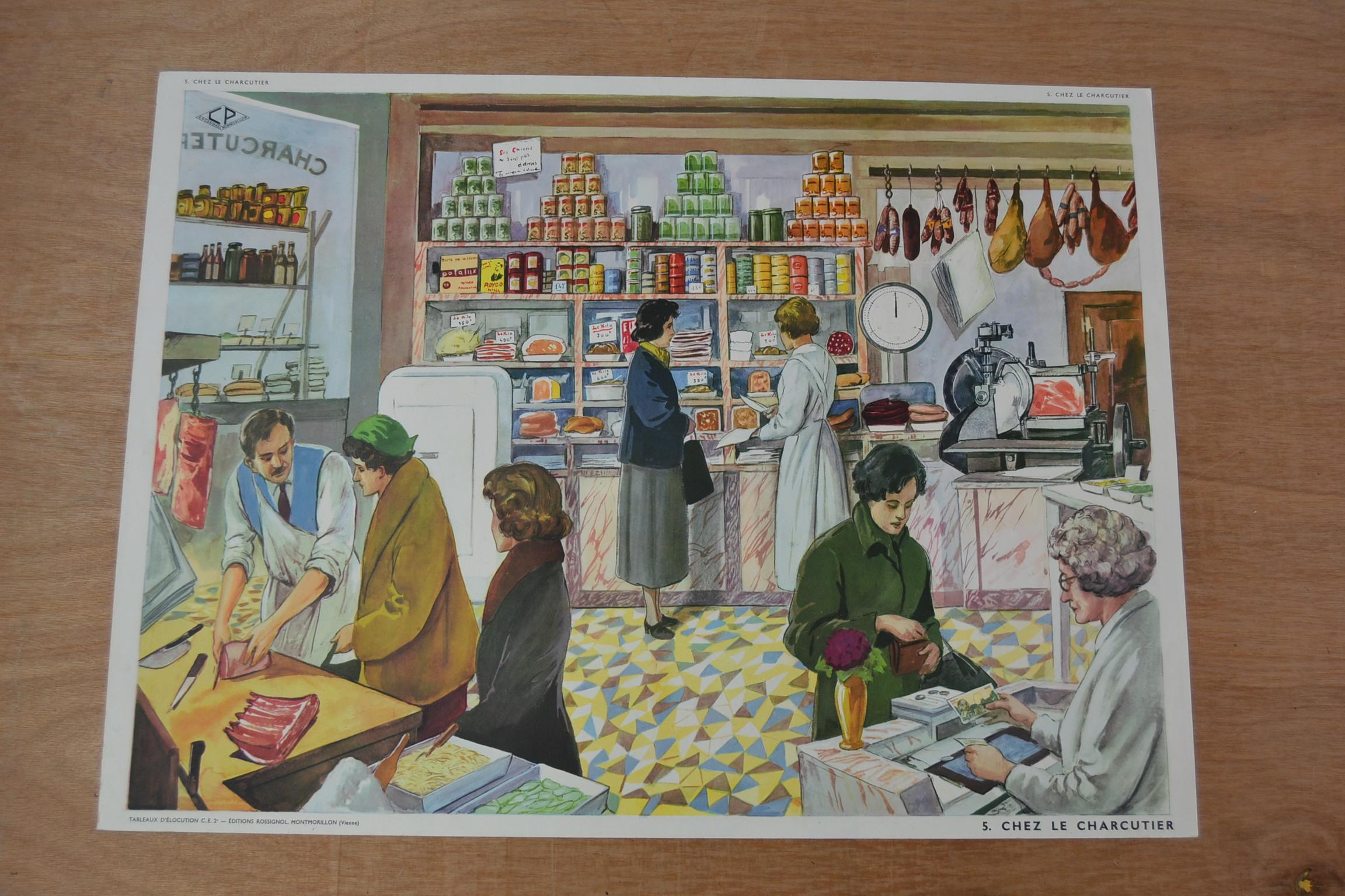 Paper 1960s School Poster, At the Butcher's Shop by Rossignol