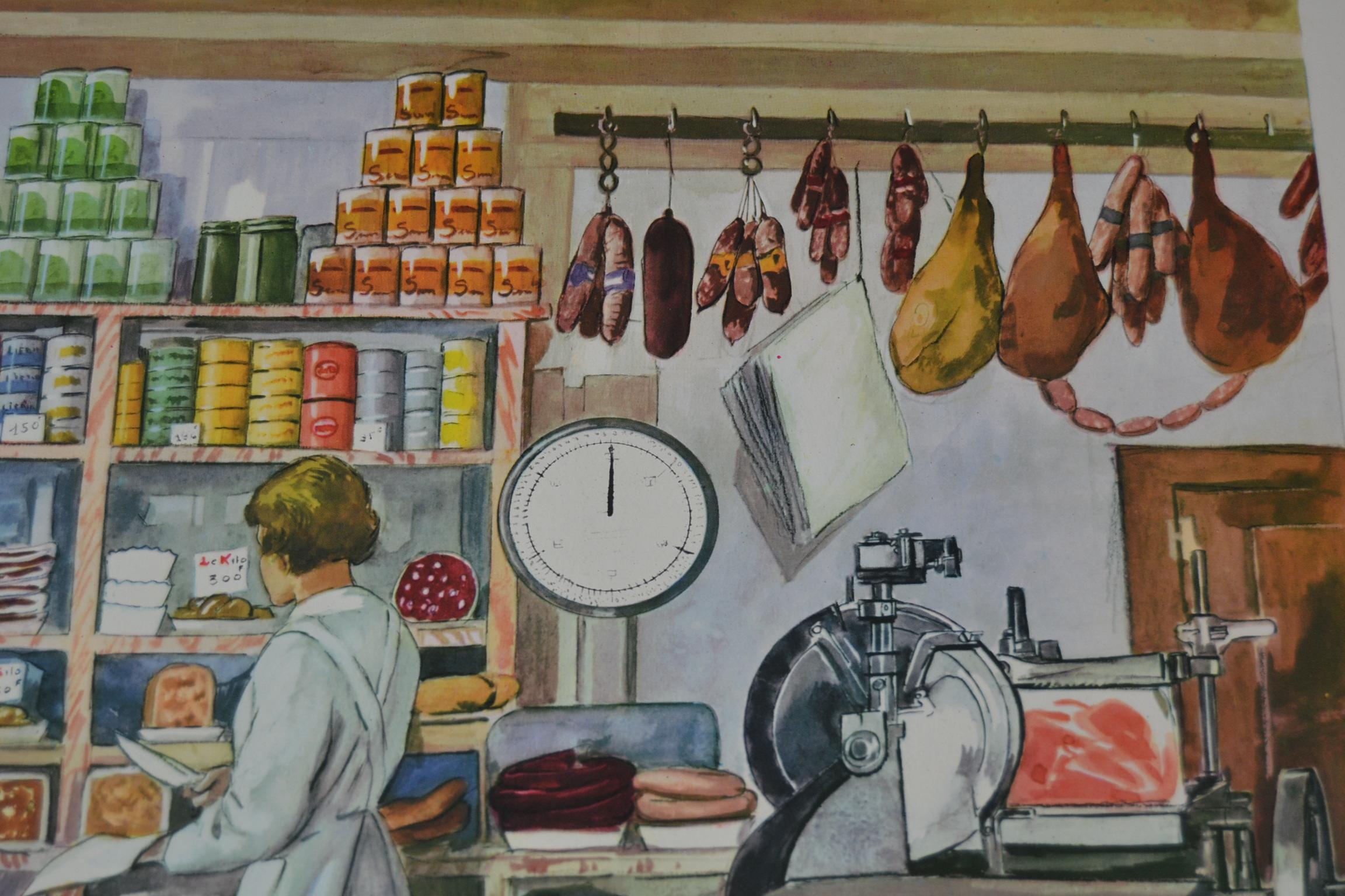 1960s School Poster - School Chart on thick paper at the Butcher's Shop. 
Detailed scene of the daily life in a butcher shop: 
Butcher is cutting the meat , his wife is helping customers at the counter and the mother is the cashier. 
In the shop