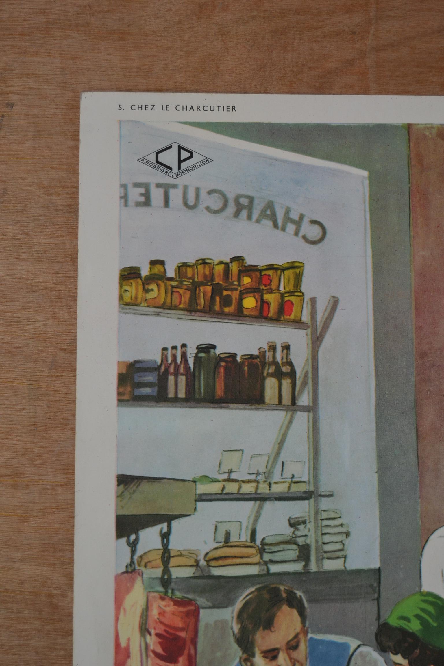 Mid-Century Modern 1960s School Poster, At the Butcher's Shop by Rossignol