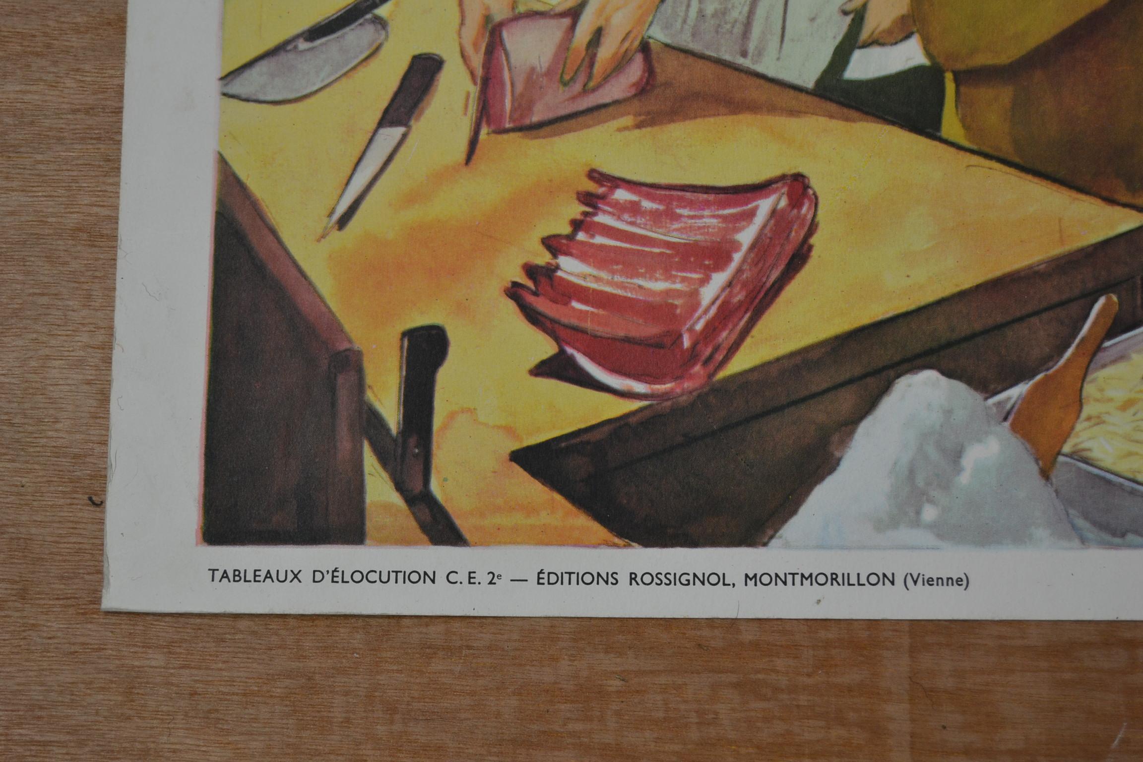 French 1960s School Poster, At the Butcher's Shop by Rossignol