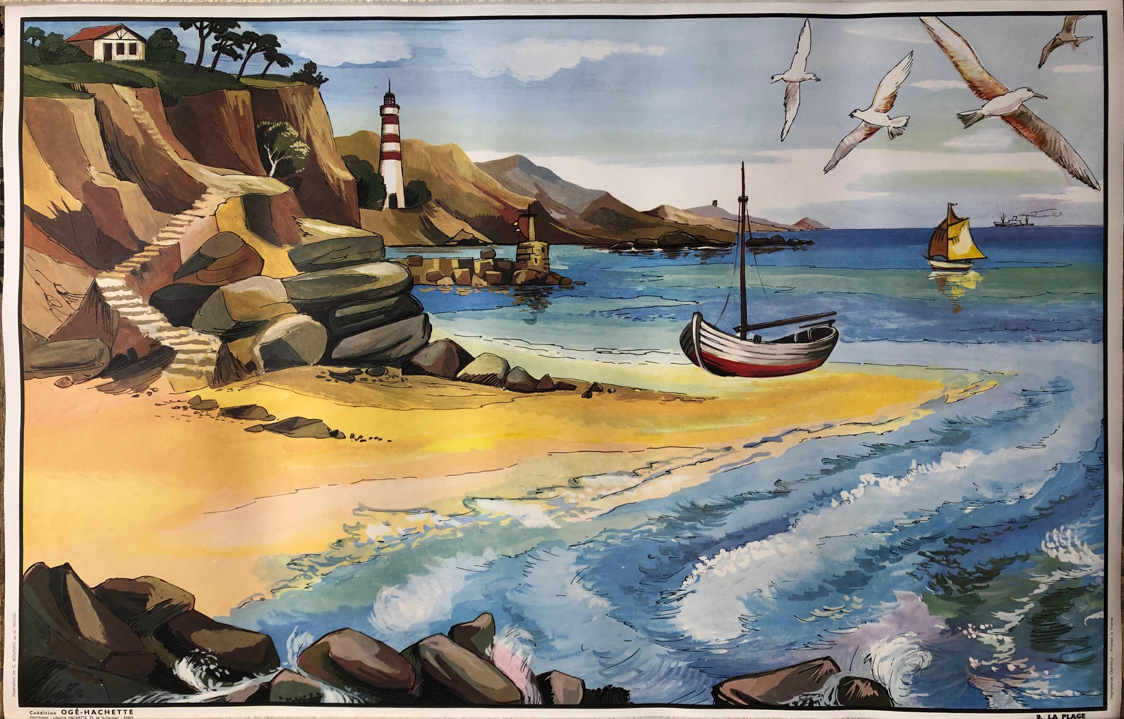 1960s School Poster by Oge-Hachette, The Beach and The Living Room For Sale  at 1stDibs