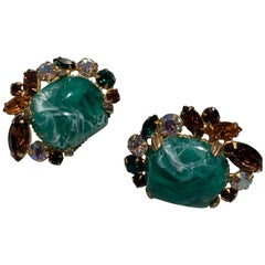 Vintage 1960s Schreiner Bakelite Faux Jade Clip-On Earrings W/ Smaller Mixed Jewel-Tones